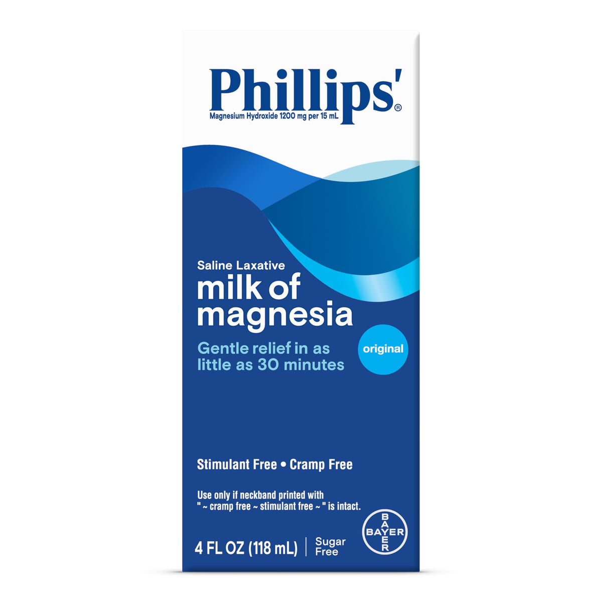 Phillips' Leche de Magnesia, botella original 4 oz, alivio suave nocturno.