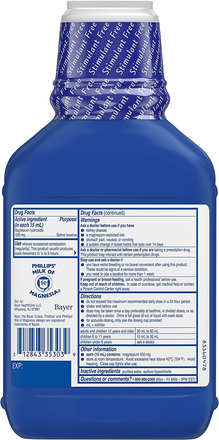 Phillips' Leche de Magnesia Original, etiqueta clara facilita leer dosis.