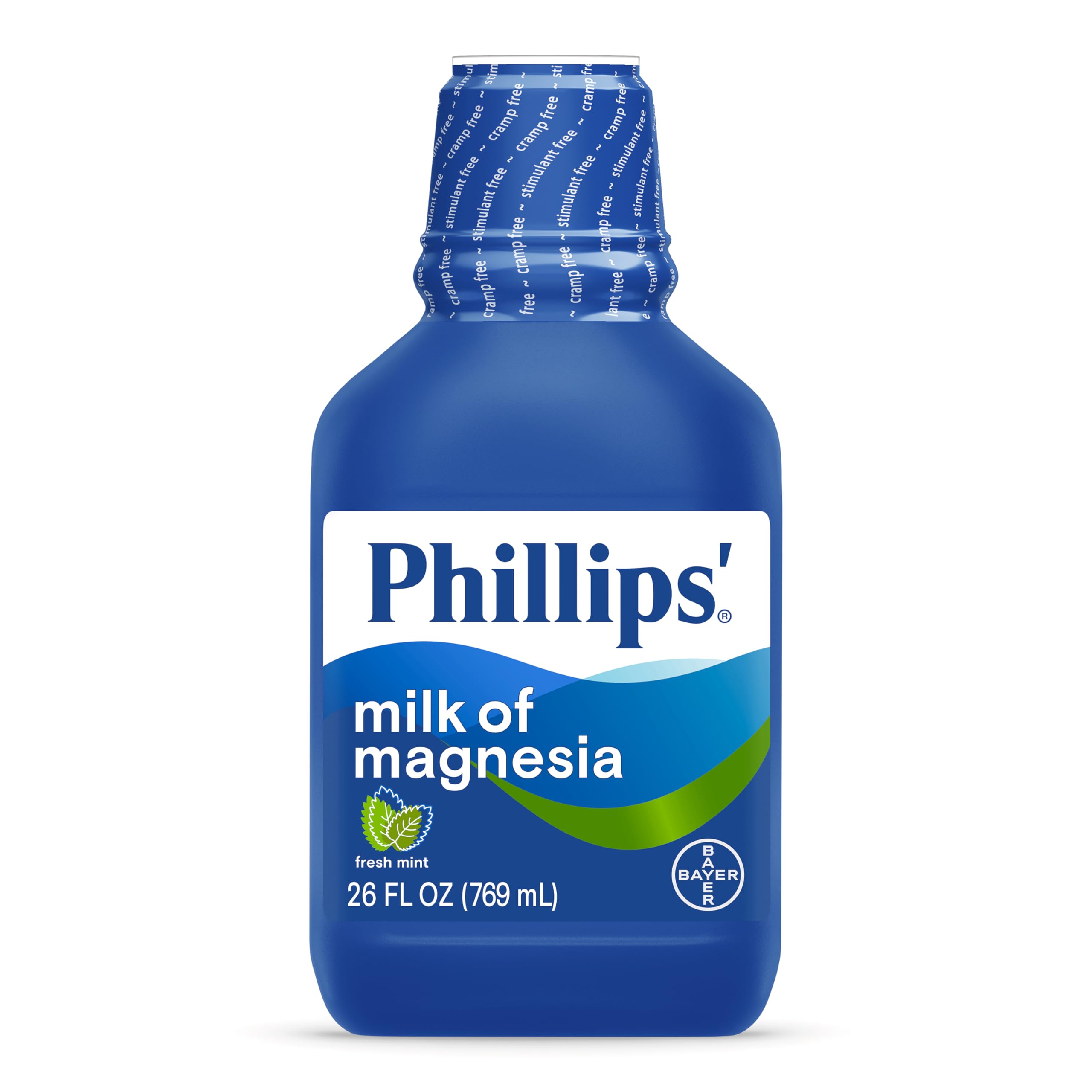 Phillips' Leche de Magnesia líquida, botella cercana con menta para alivio suave