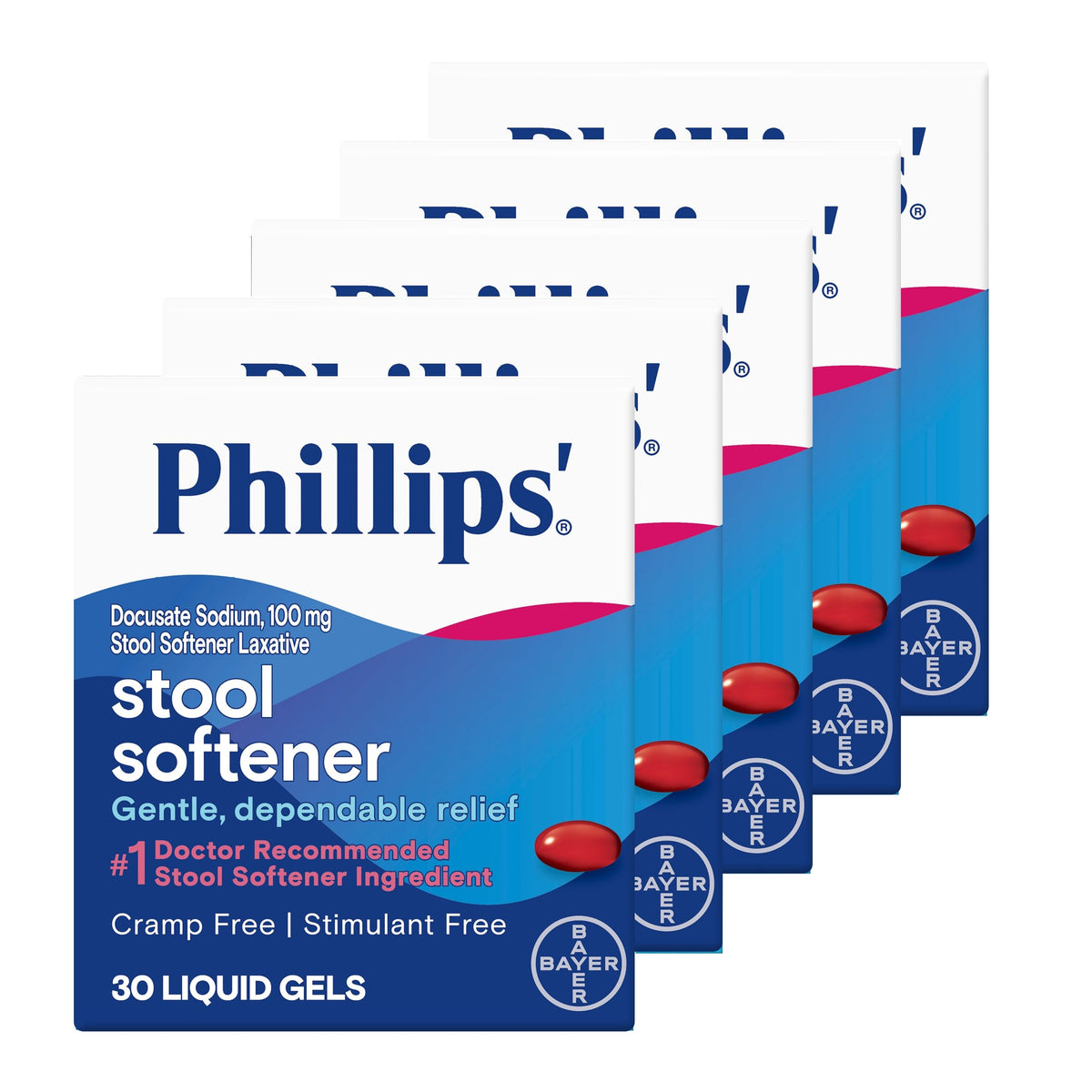Phillips' suavizante de heces: geles líquidos en caja de 30, paquete 5 para uso conveniente.