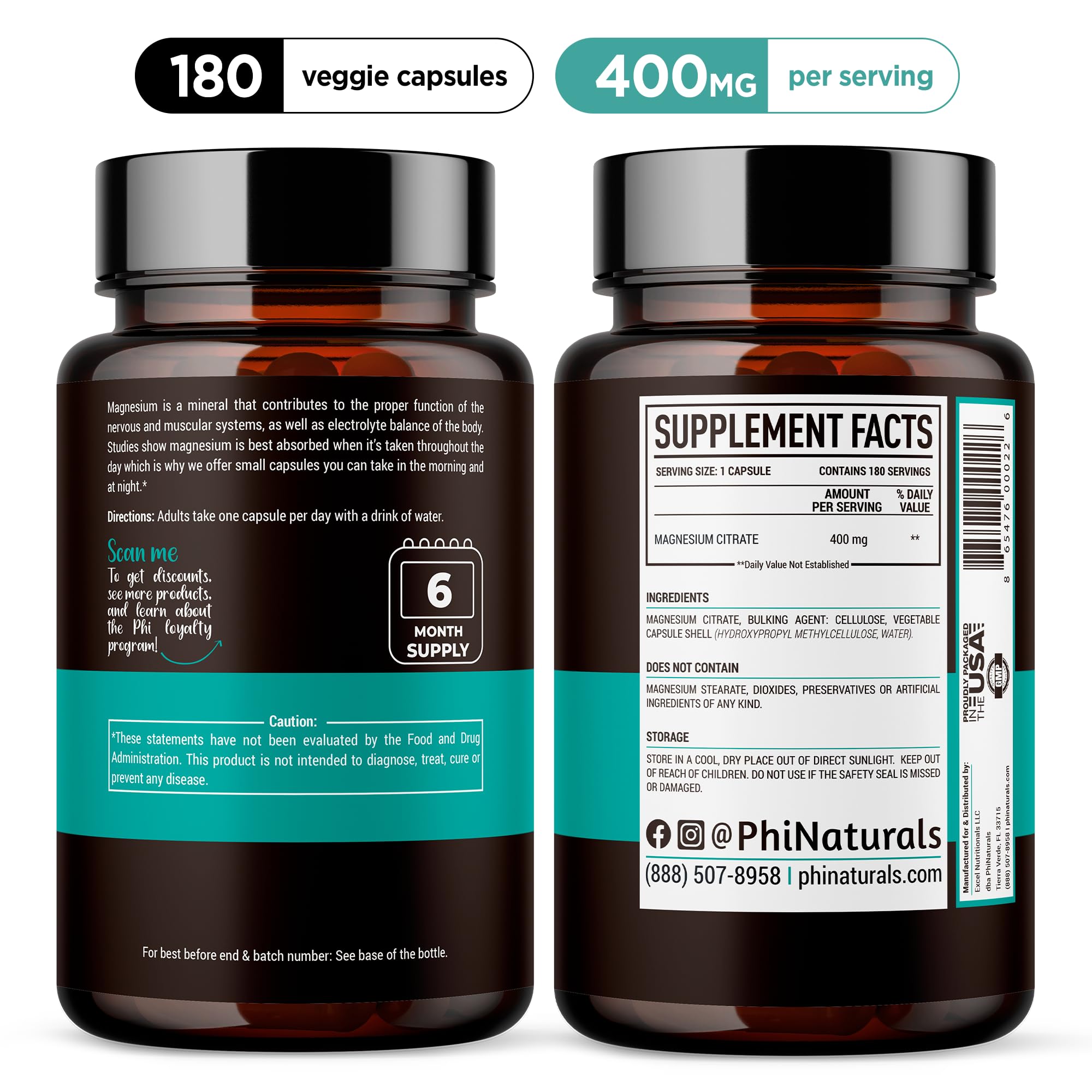 PhiNaturals Magnesio Citrato, cápsulas pequeñas, fáciles de tragar.