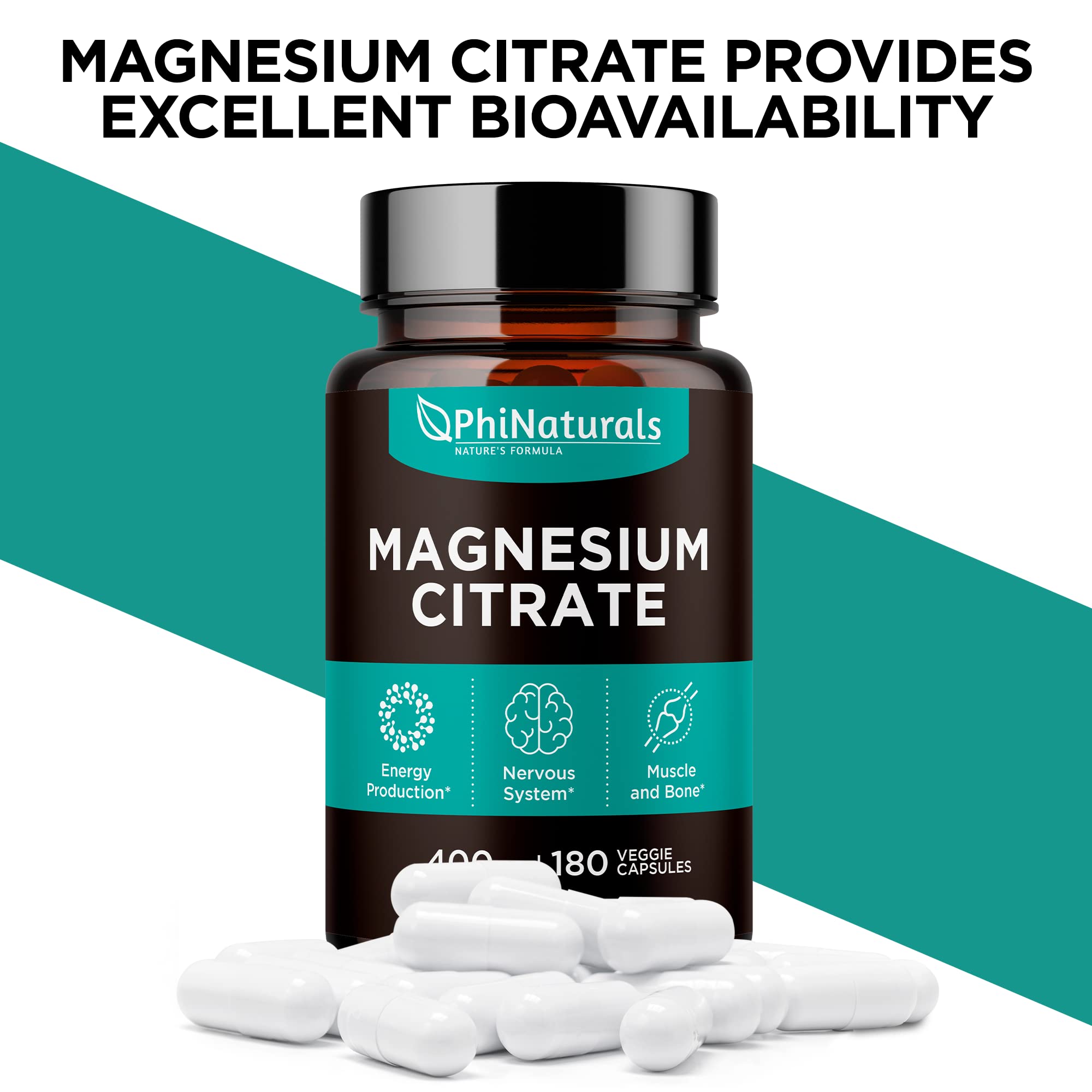 PhiNaturals Magnesio Citrato, cápsulas vegetales de alta pureza para absorción.