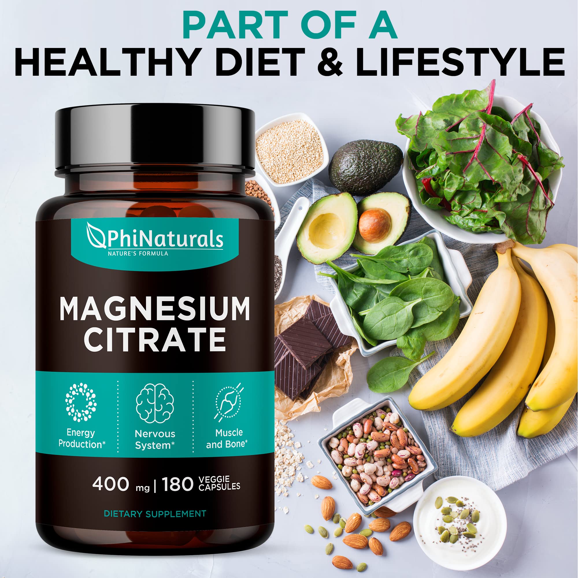 PhiNaturals Magnesio Citrato, cápsulas vegetales para digestión suave.
