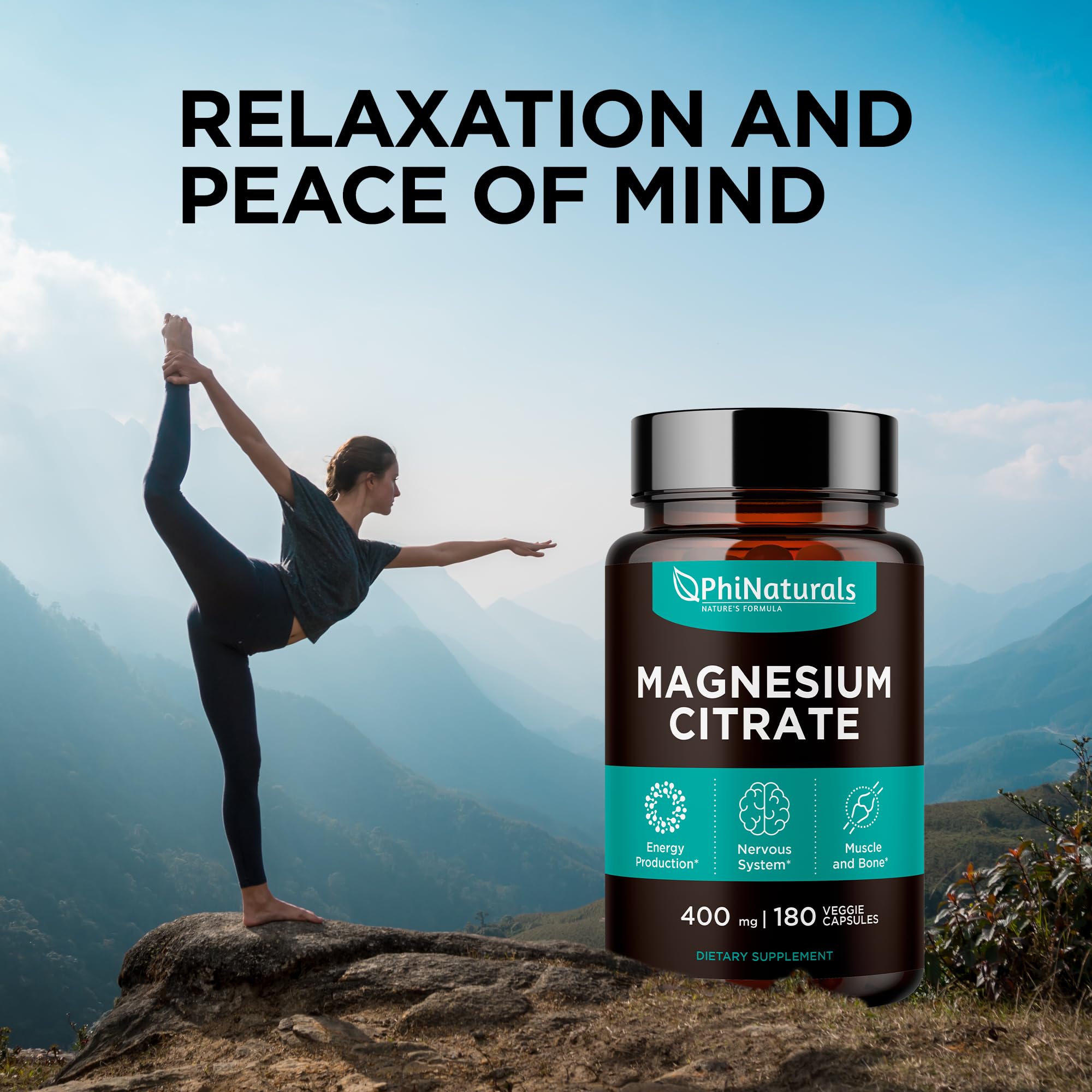 PhiNaturals Magnesio Citrato, cápsulas compactas para relajación muscular.