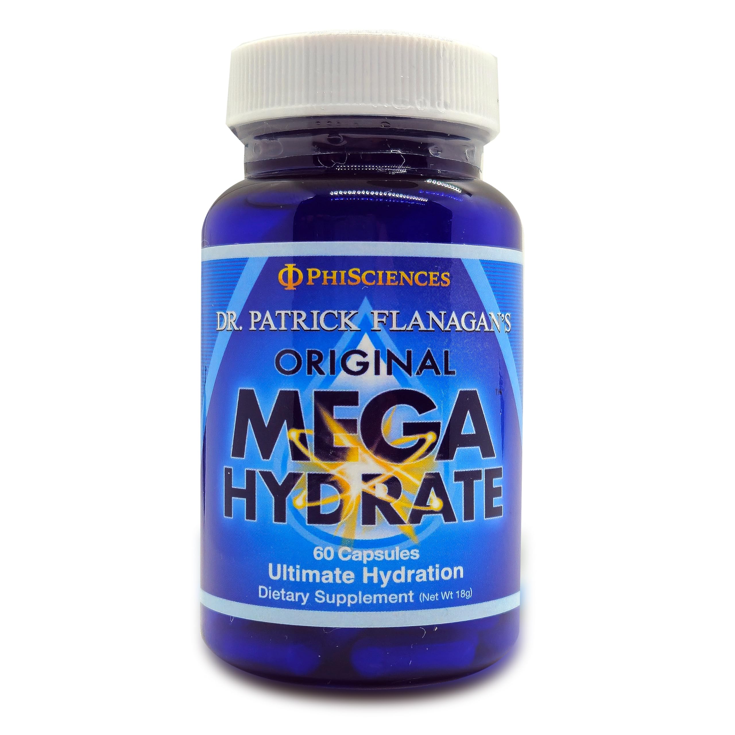 Phi Sciences MegaHydrate cápsulas, envase compacto para uso diario y apoyo a la hidratación.