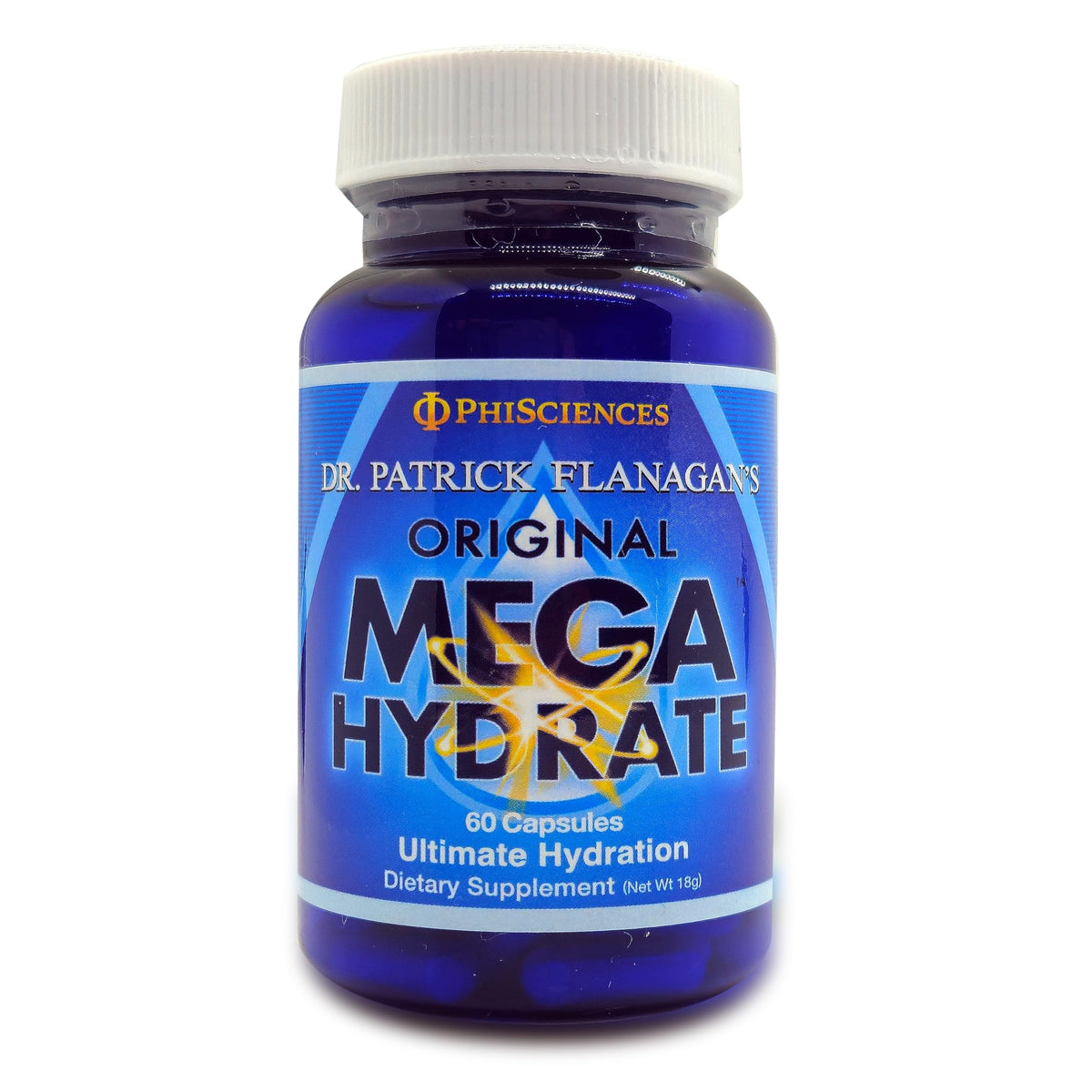 Phi Sciences MegaHydrate cápsulas, envase compacto para uso diario y apoyo a la hidratación.