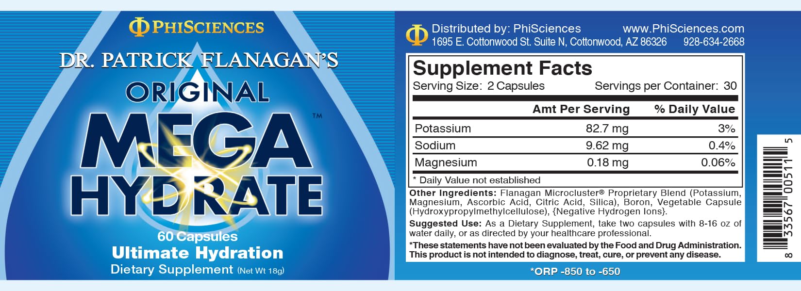 Phi Sciences MegaHydrate etiqueta, información visible para entender la suplementación.