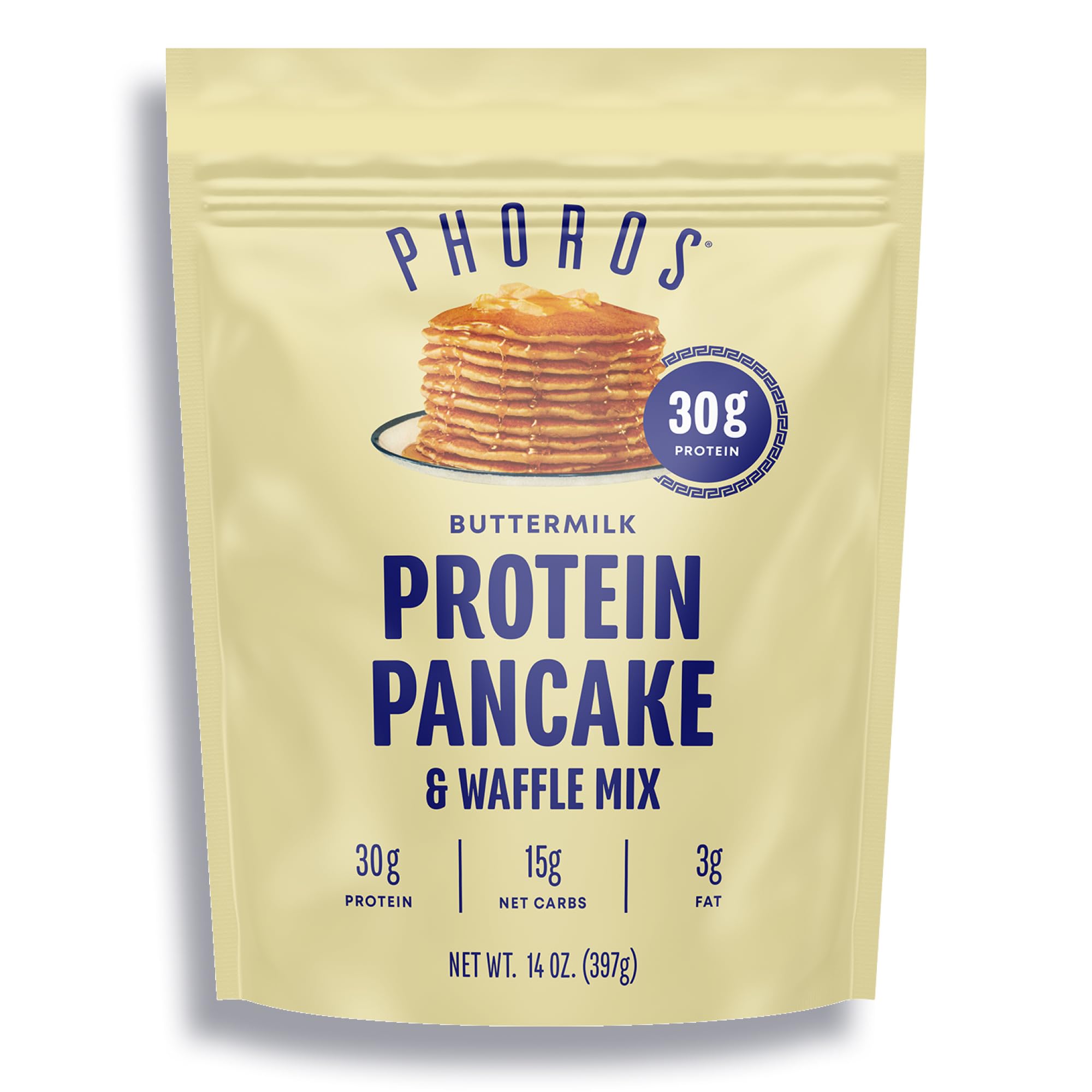 Phoros Nutrition: empaque de mezcla para panqueques con 30 g de proteína por porción.