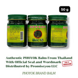 PHOYOK bálsamo verde auténtico 50 g, aplicación en manos, sensación fresca y reconfortante.
