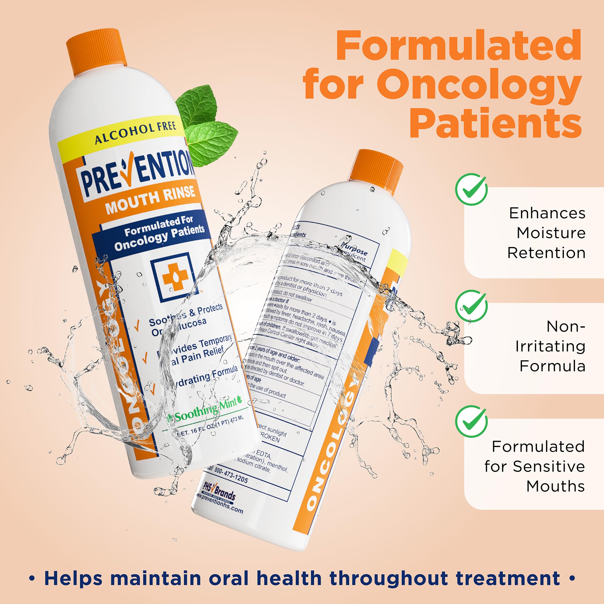 PHS Prevention Oncology enjuague bucal, tapa de botella para apertura fácil y manejo cómodo.