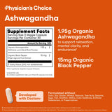 Physician's CHOICE Ashwagandha fabricado con estándares cGMP y origen India.