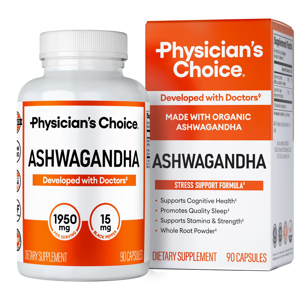 Physician's CHOICE Ashwagandha raíz en polvo en botella para uso diario y apoyo al estrés.