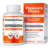 Physician's CHOICE Ashwagandha raíz en polvo en botella para uso diario y apoyo al estrés.