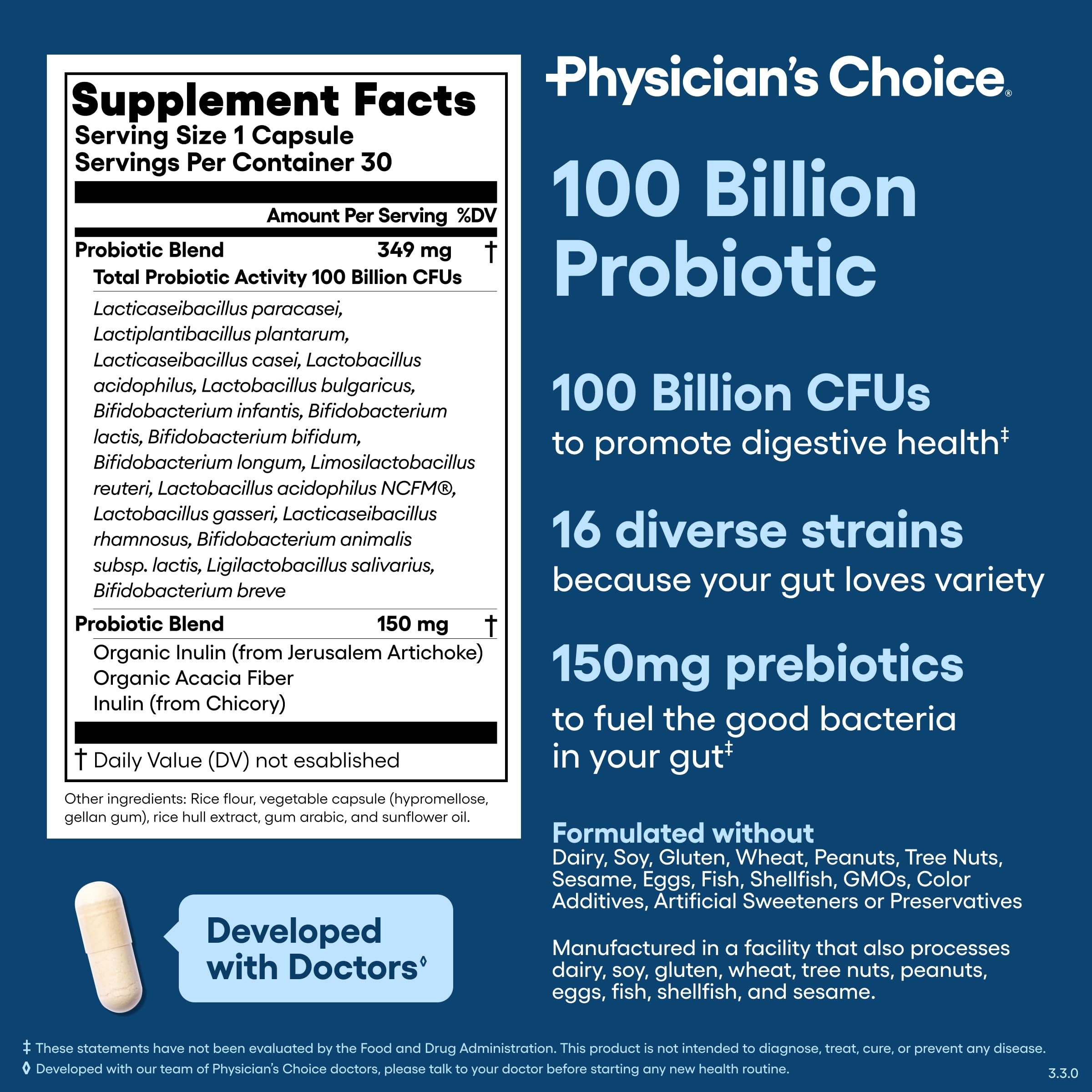 Physician's CHOICE 100 mil millones Probíotico, mezcla de 16 cepas para digestión diaria