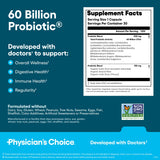 Physician's CHOICE Bloat & Gas Probiotic bottle illustrates rapid relief during meals.