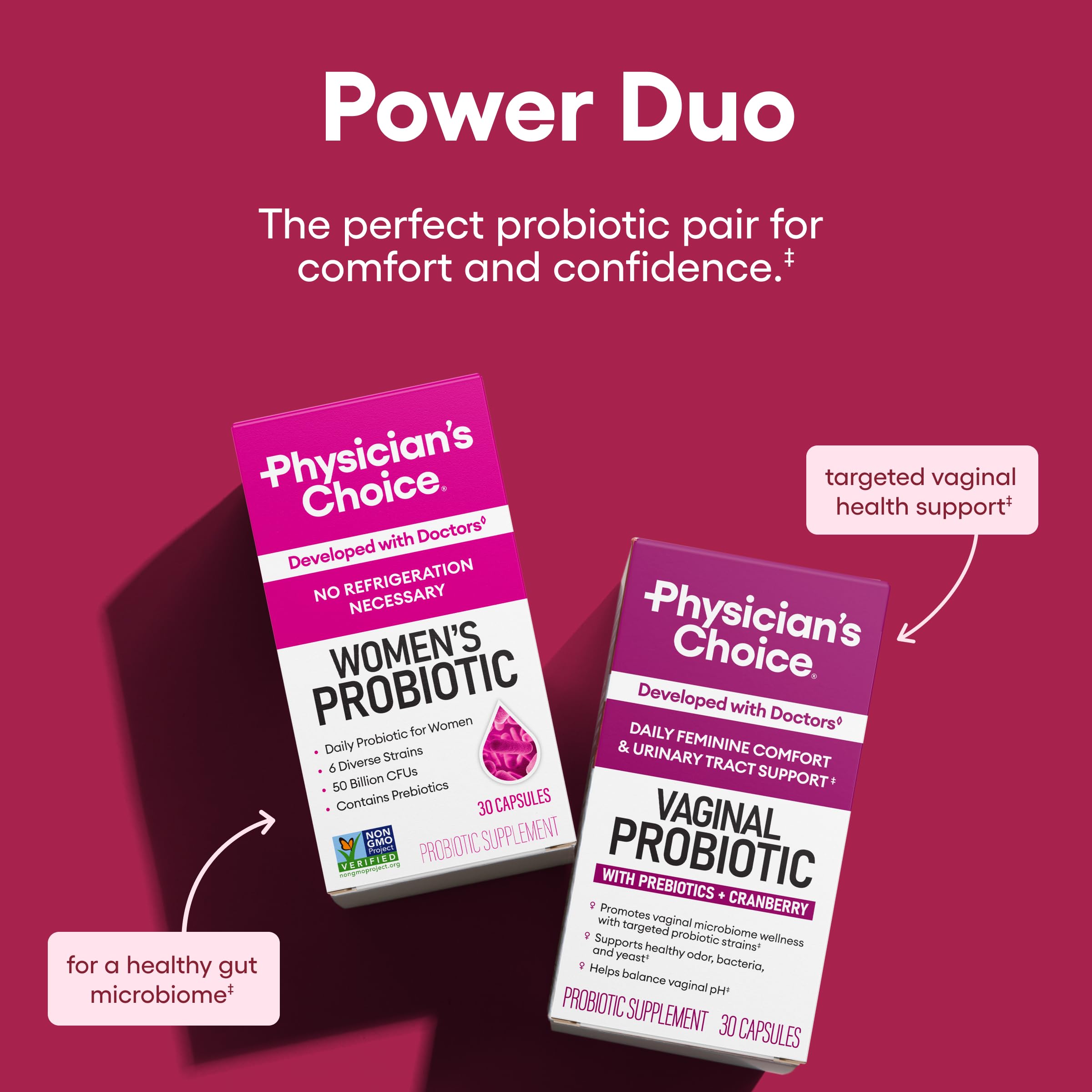 Physician's CHOICE cápsulas probióticas para mujer, mejora digestiva y bienestar urinario.