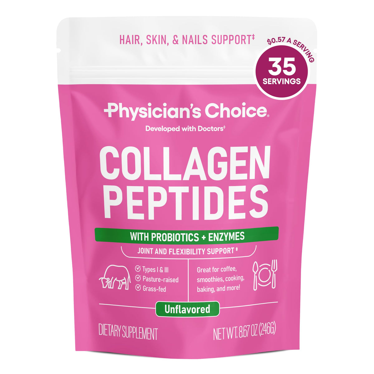 Physician's CHOICE Collagen Peptides: empaque práctico para uso diario y almacenamiento sencillo.