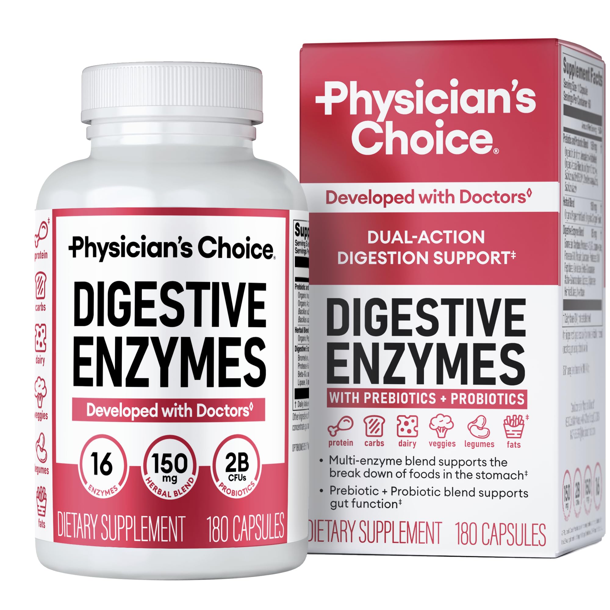 Physician's CHOICE Enzimas Digestivas, caja frontal, apoyan digestión tras comidas abundantes.