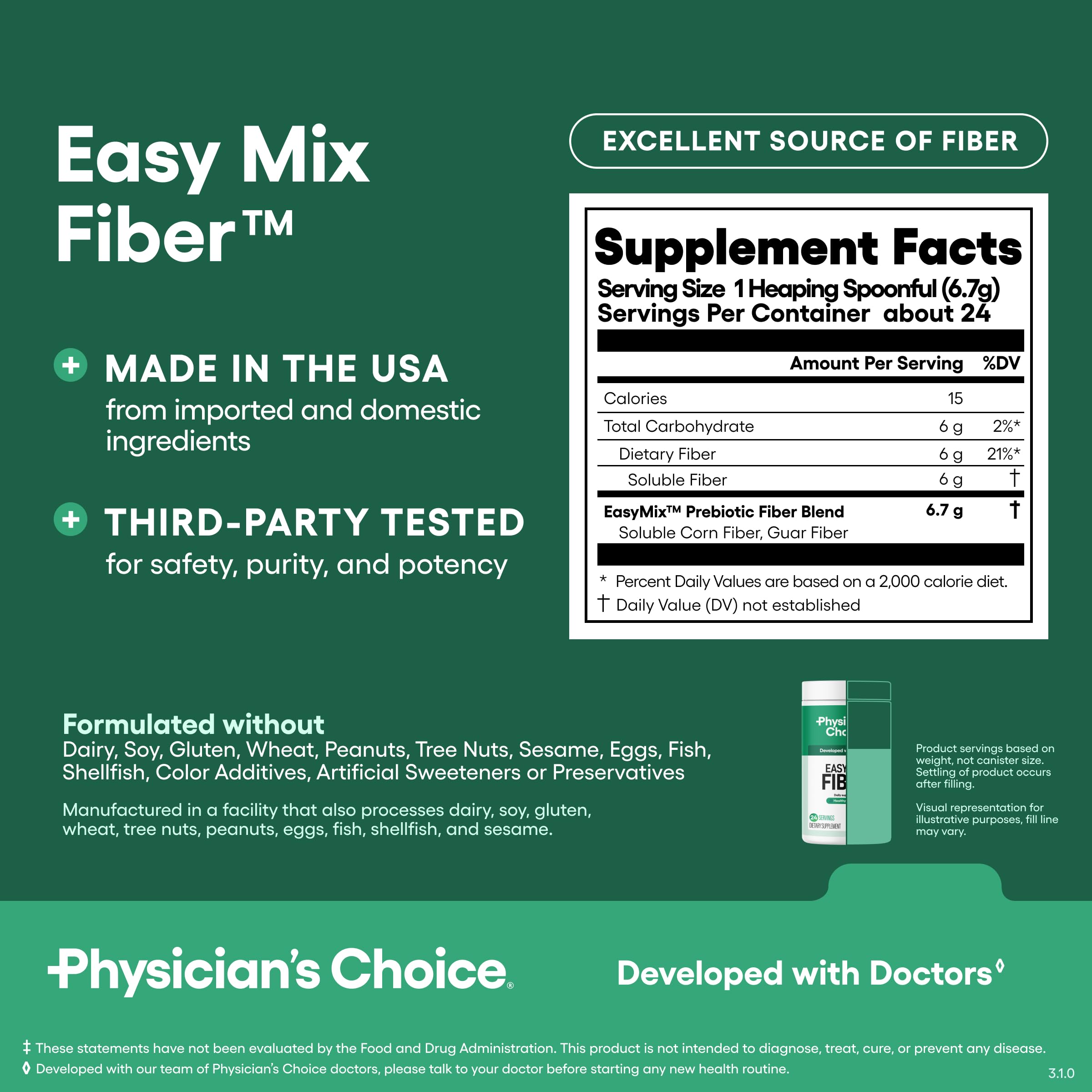 Physician's CHOICE Easy Mix Fiber sin azúcar, ideal para planes diarios.