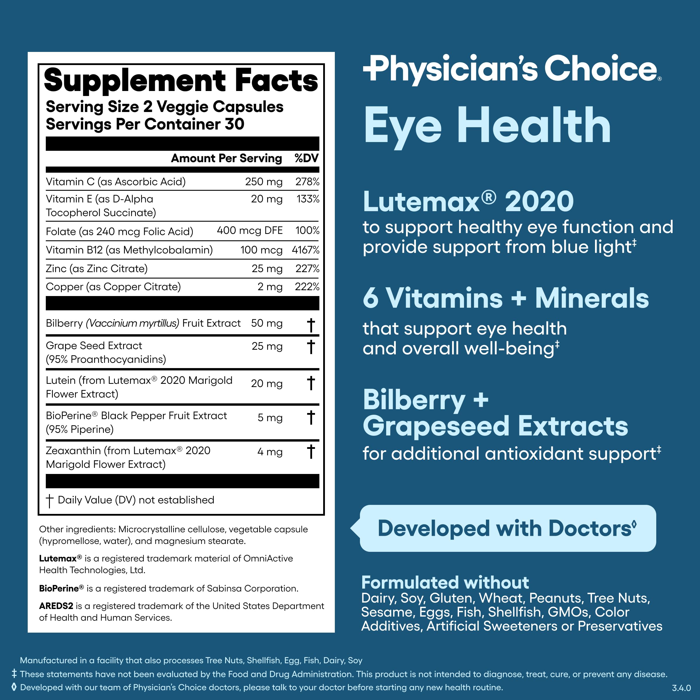 Primer plano de cápsulas de Physician's Choice Eye Health listas para consumo diario