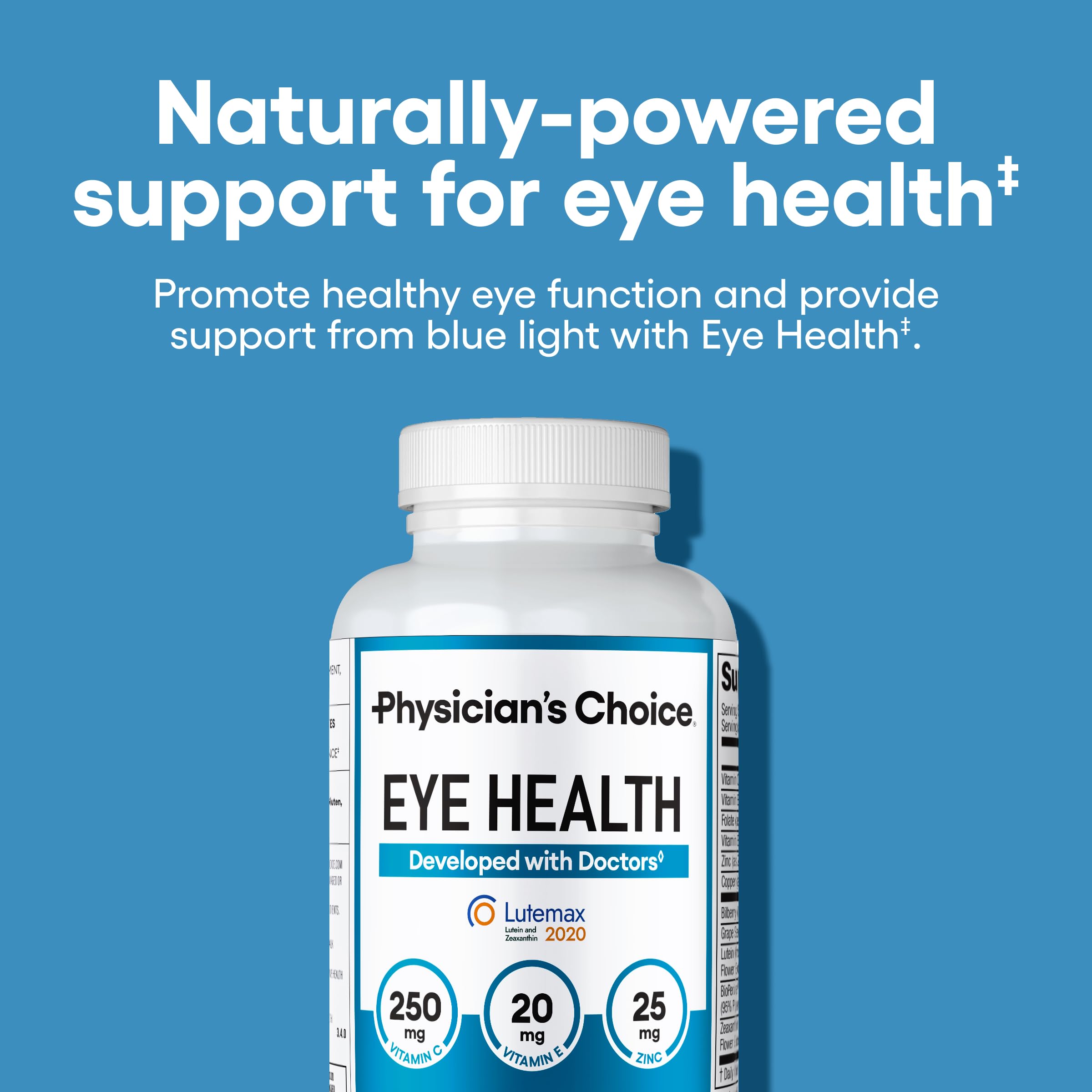 Etiqueta de Physician's Choice Eye Health mostrando Lutemax y Zeaxantina para visión clara