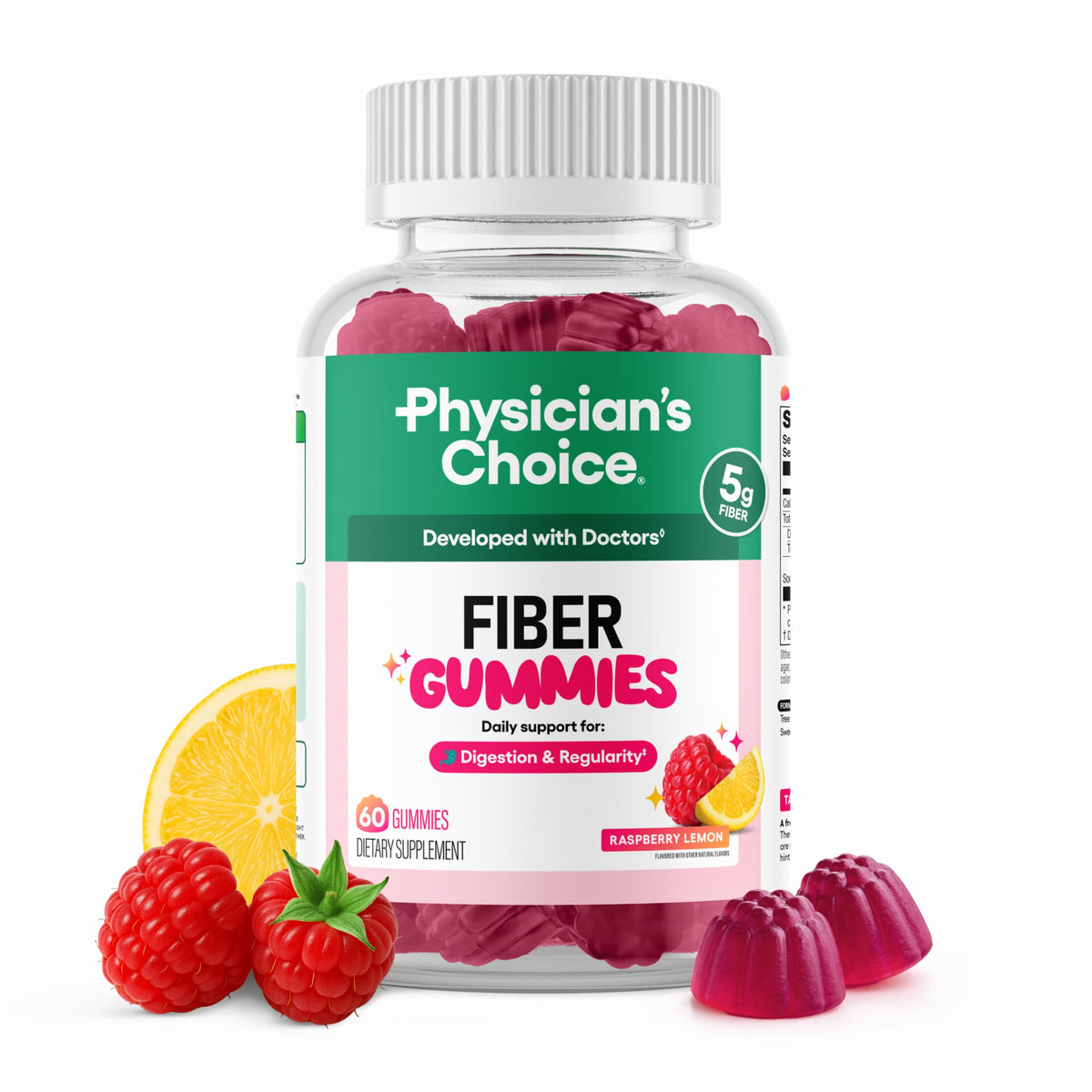 gomitas de fibra Physician's Choice sabor frambuesa limón, apoyo diario a la digestión