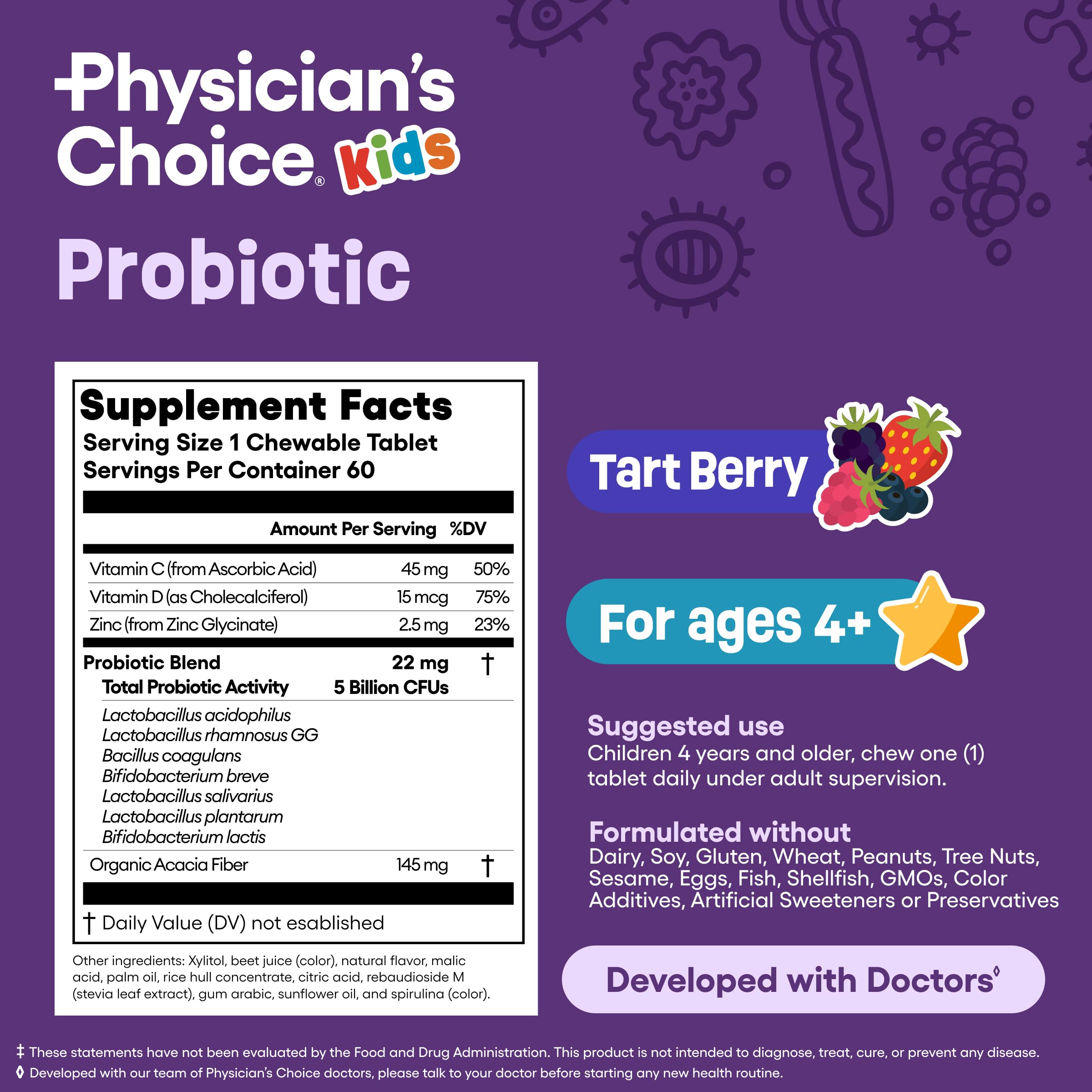 Etiqueta sin azúcar ni colorantes en Physician's CHOICE Kids Probiotics