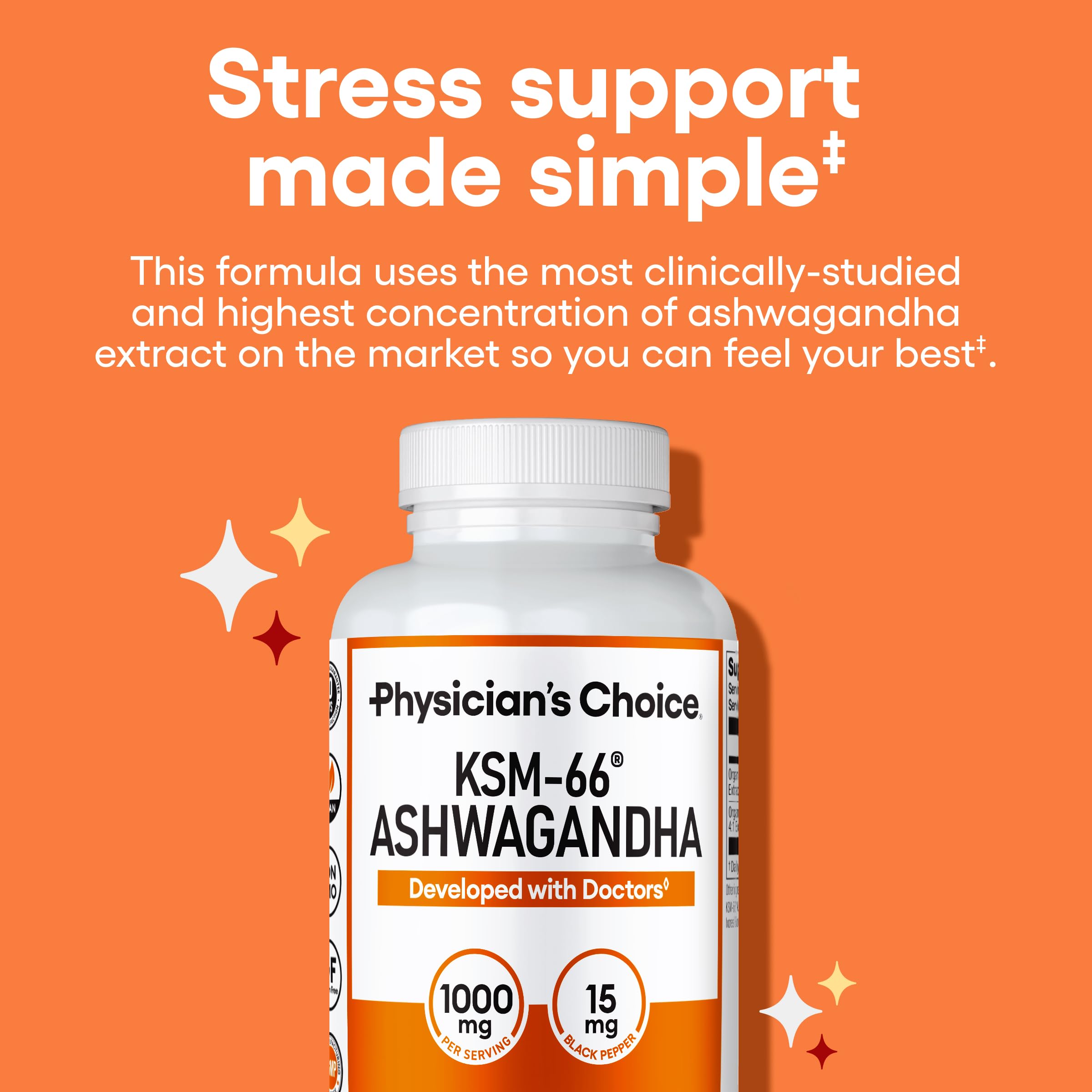 Physician's CHOICE KSM-66 cápsulas en mano para ingerir y apoyar la energía diaria.