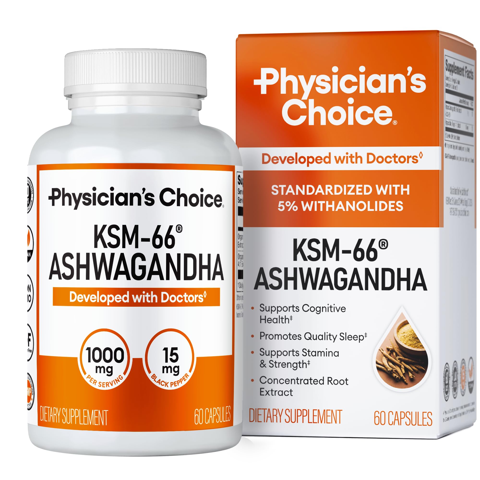 Physician's CHOICE KSM-66 polvo de ashwagandha en botella para uso diario y apoyo al bienestar.
