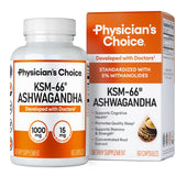 Physician's CHOICE KSM-66 polvo de ashwagandha en botella para uso diario y apoyo al bienestar.