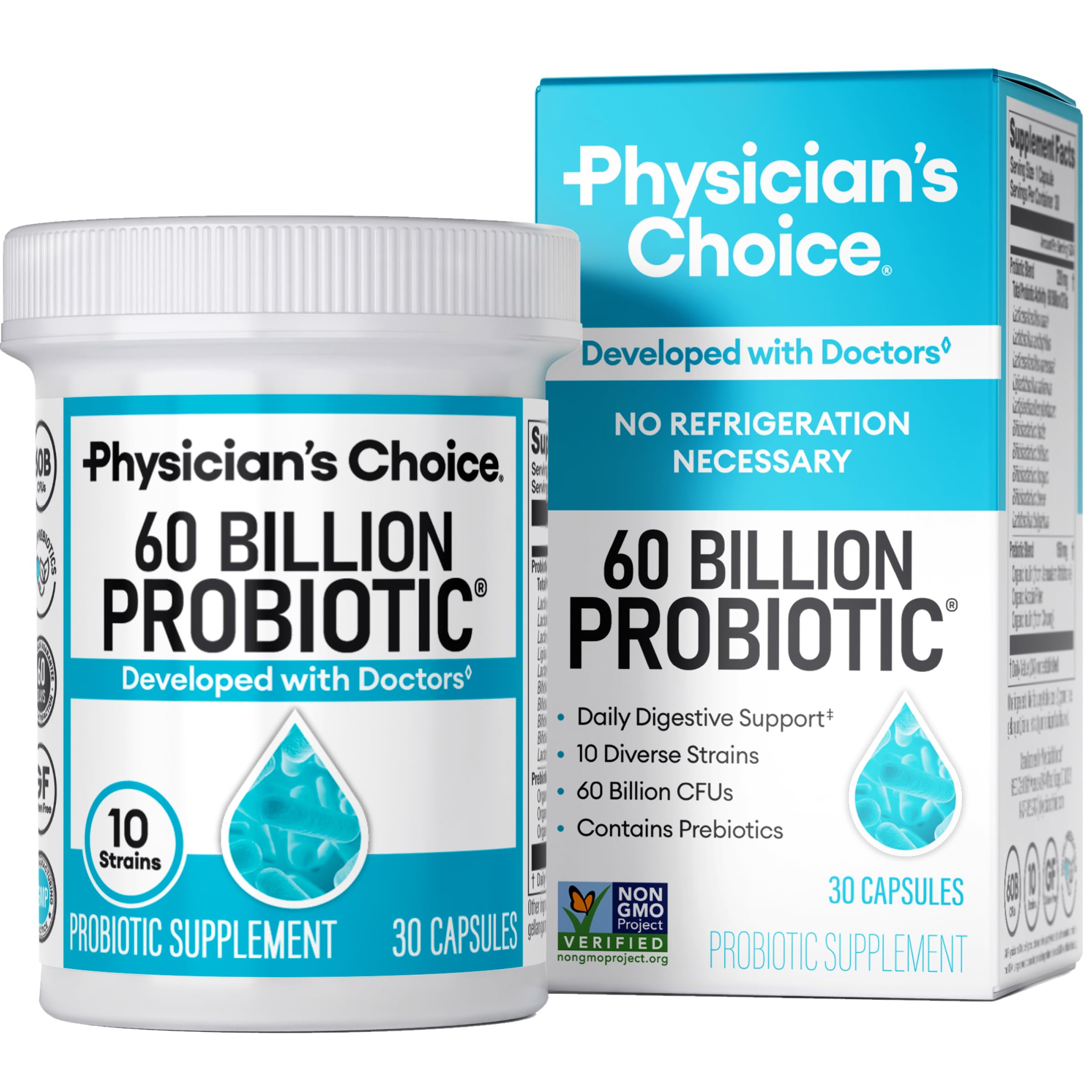 Physician's CHOICE Probiotics: botella de 60 mil millones CFU para apoyo digestivo diario.