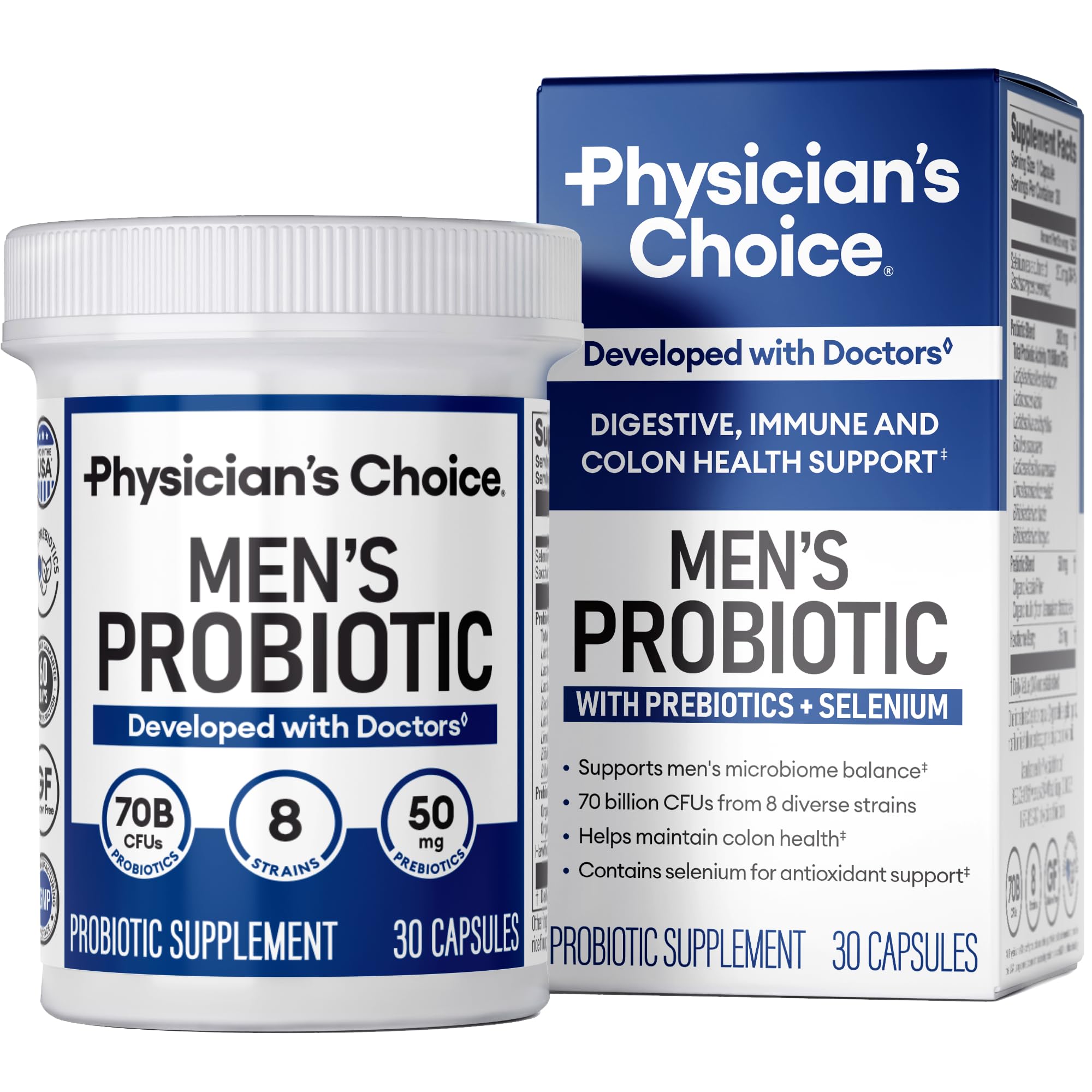 Physician's Choice Probiotics para Hombres, botella de 70B CFU para salud digestiva.