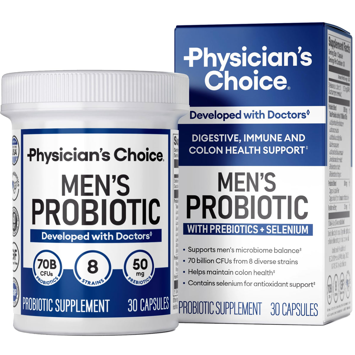 Physician's Choice Probiotics para Hombres, botella de 70B CFU para salud digestiva.
