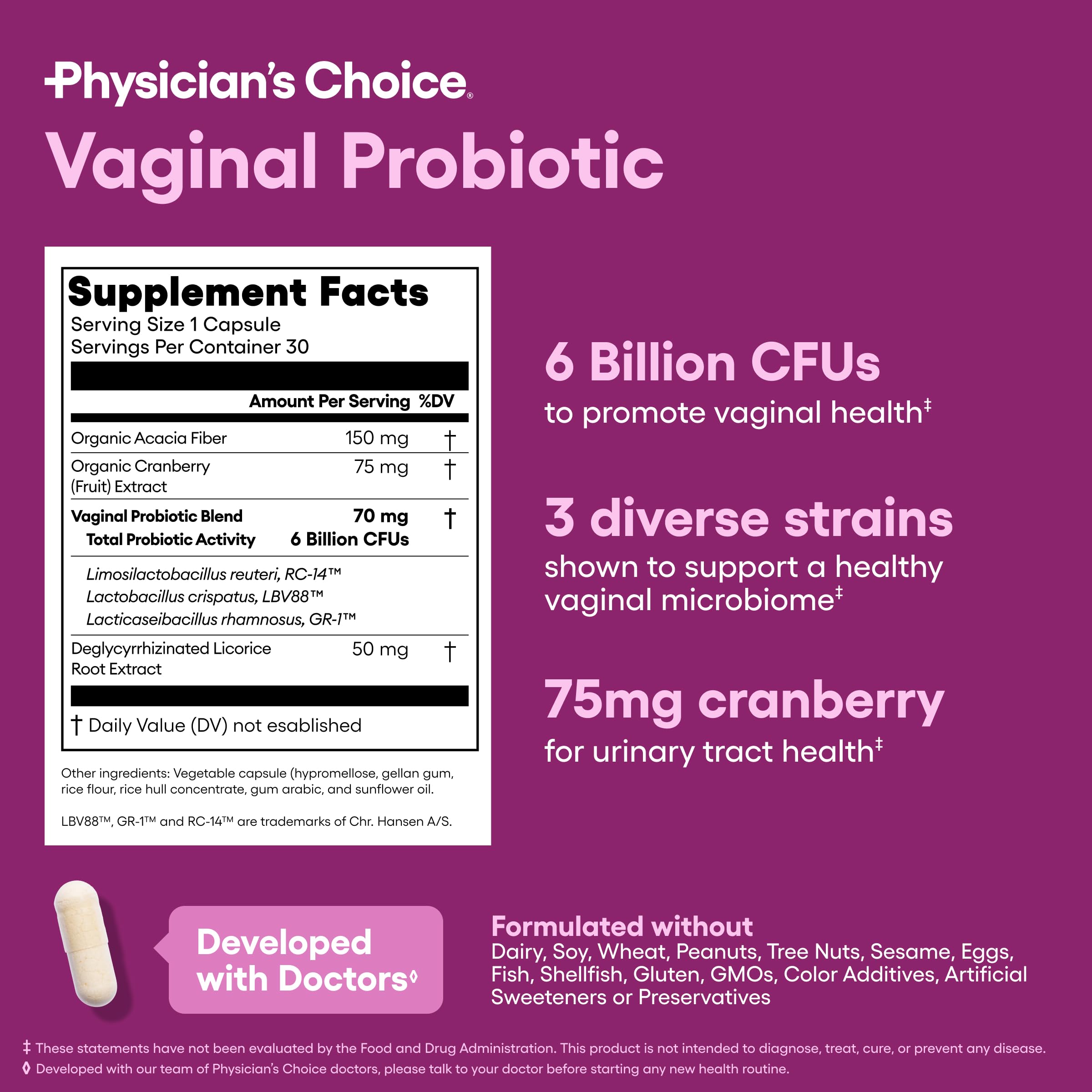 Seis cepas con prebiótico de Physician's CHOICE para apoyo del tránsito intestinal.