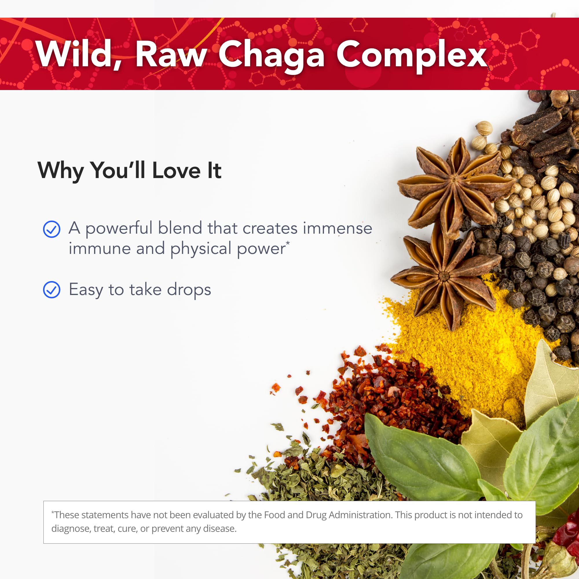 Mezcla de ingredientes naturales de Physician's Strength Chag-Immune para equilibrio diario.