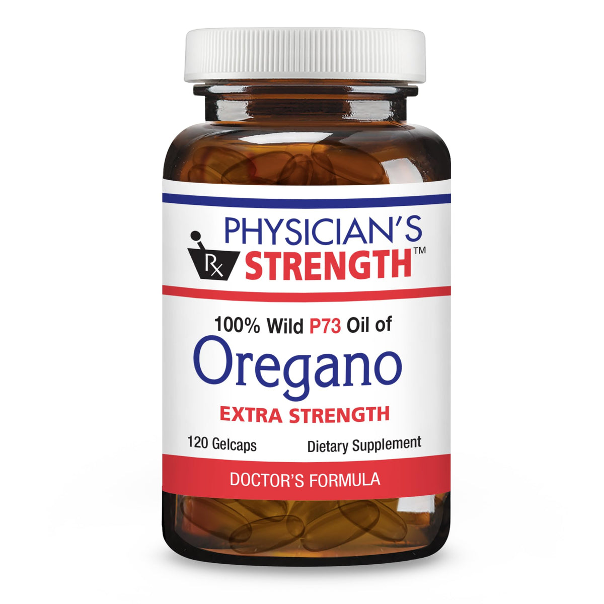 Botella de gelcaps de orégano salvaje Physician's Strength para uso diario.