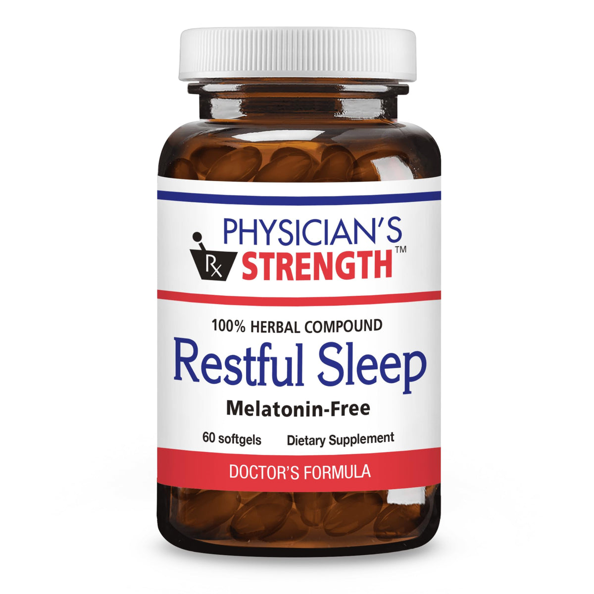 Physician's Strength Restful Sleep - botella de cápsulas suaves para apoyo al descanso natural.