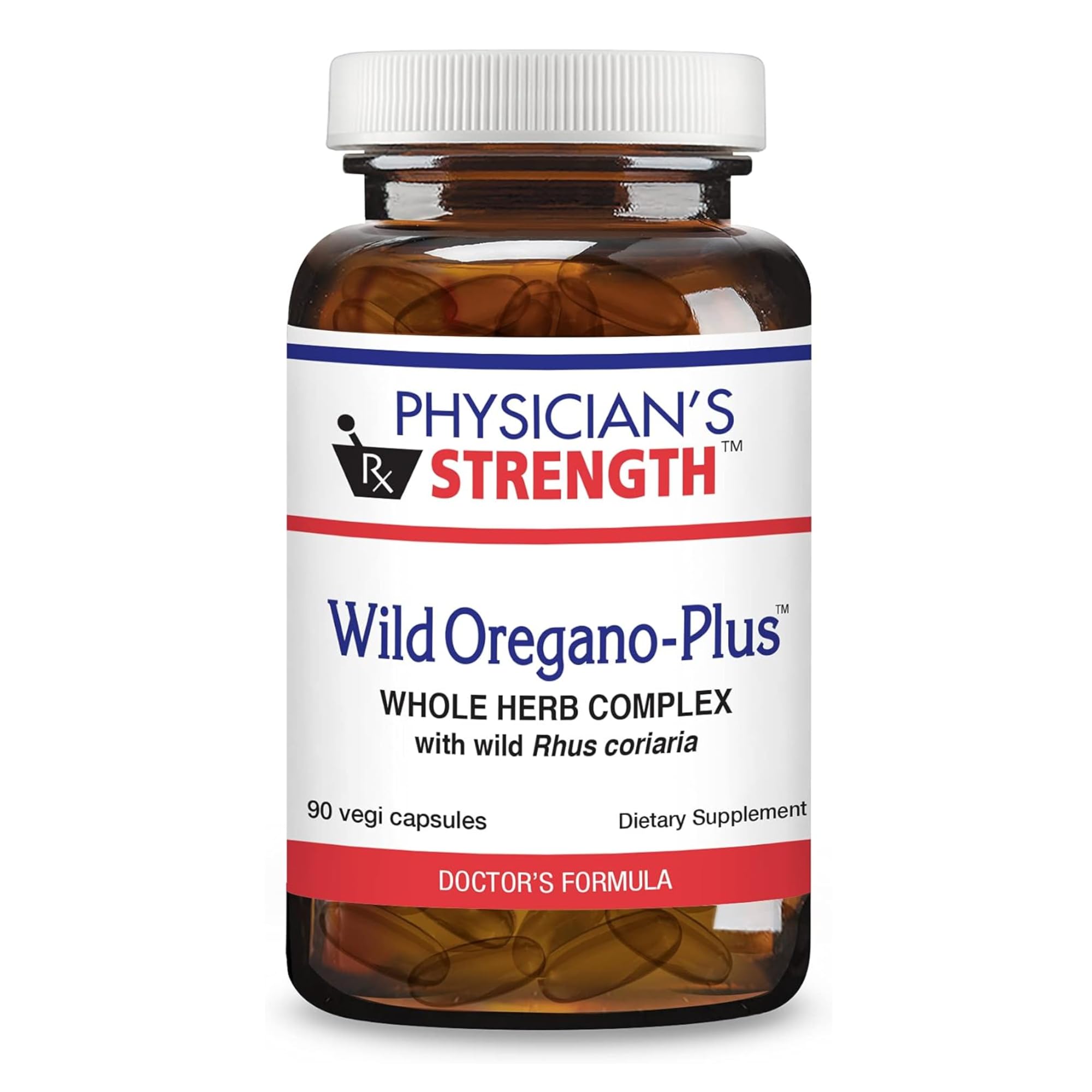 Physician's Strength Wild Oregano Plus, botella cerrada, posible apoyo al sistema inmune y digestión.