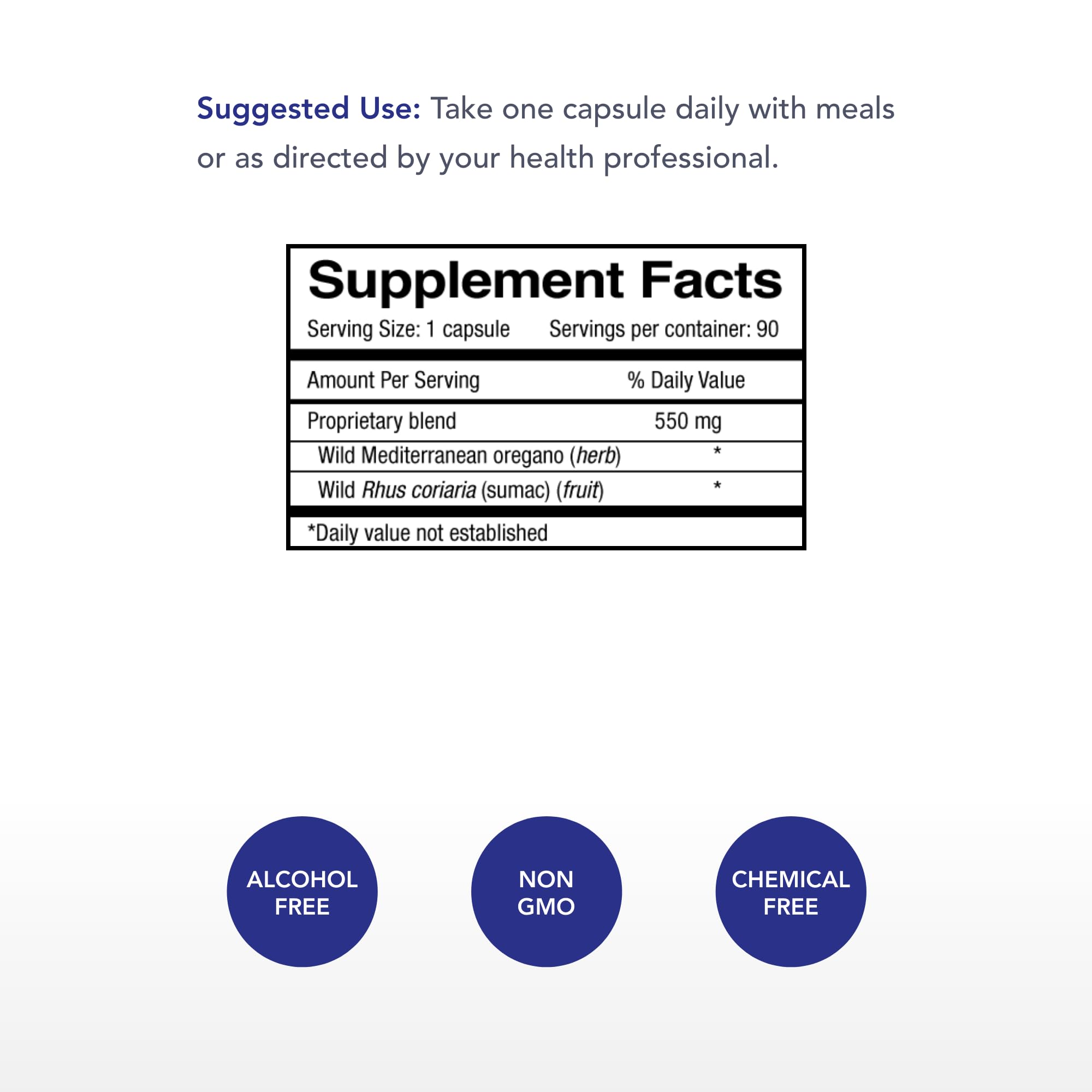Etiqueta frontal de Physician's Strength Wild Oregano Plus, sugerencia de uso diario.