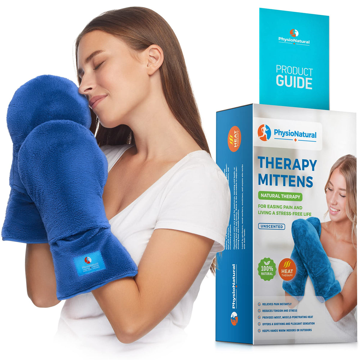 PhysioNatural Mittens, vista frontal, calentamiento suave para manos rígidas.