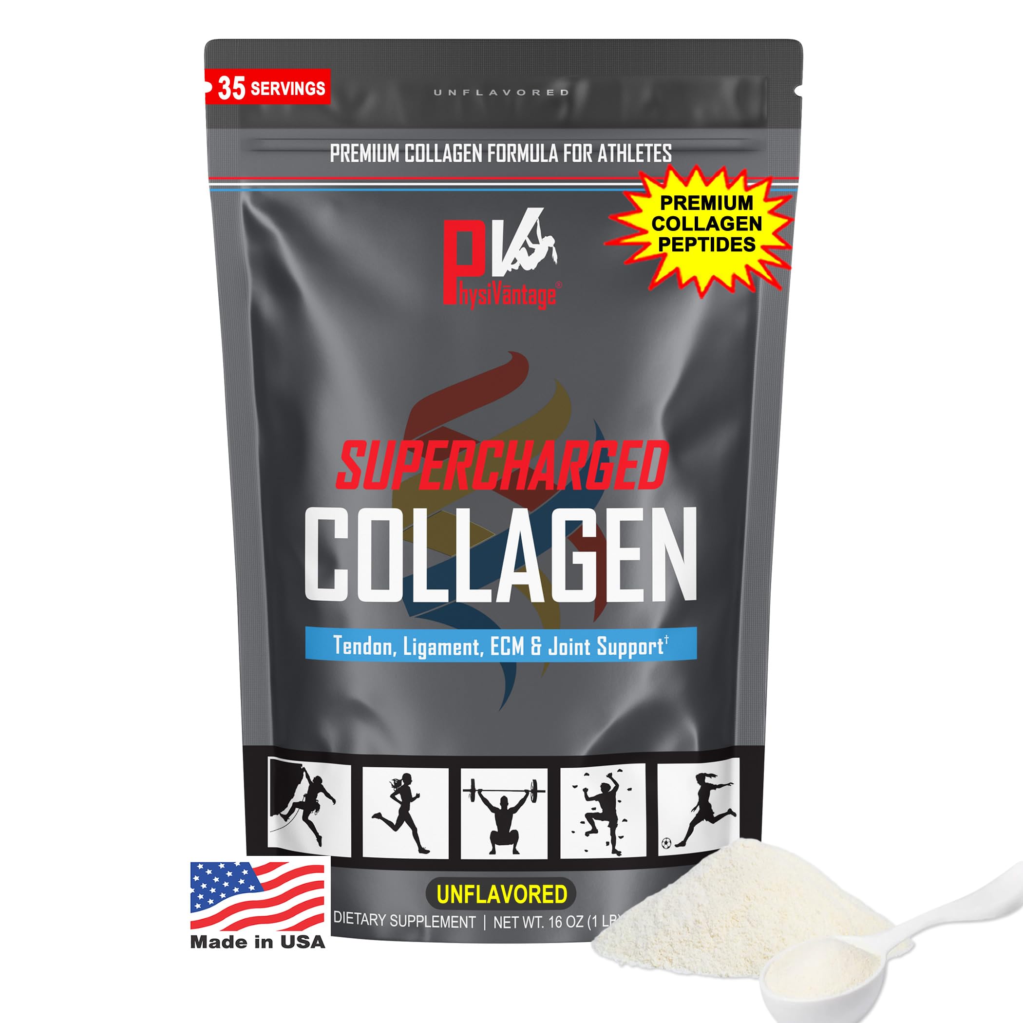 PhysiVantage Collagen en envase compresible, ideal para viaje y almacenamiento.