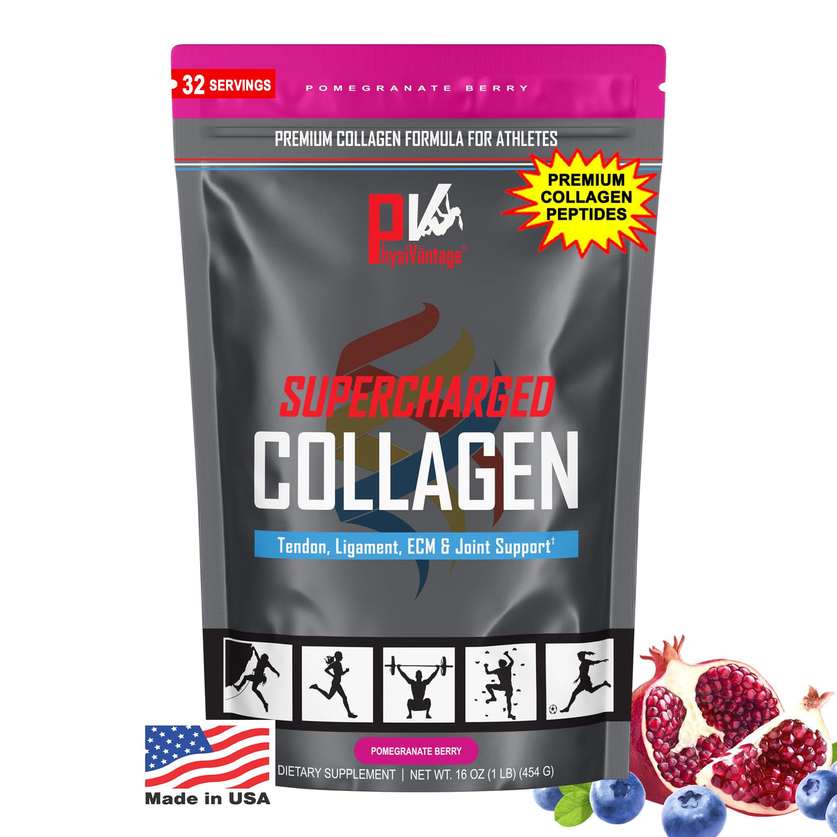PhysiVantage polvo de colágeno en botella, apoyo para articulaciones y piel saludable.