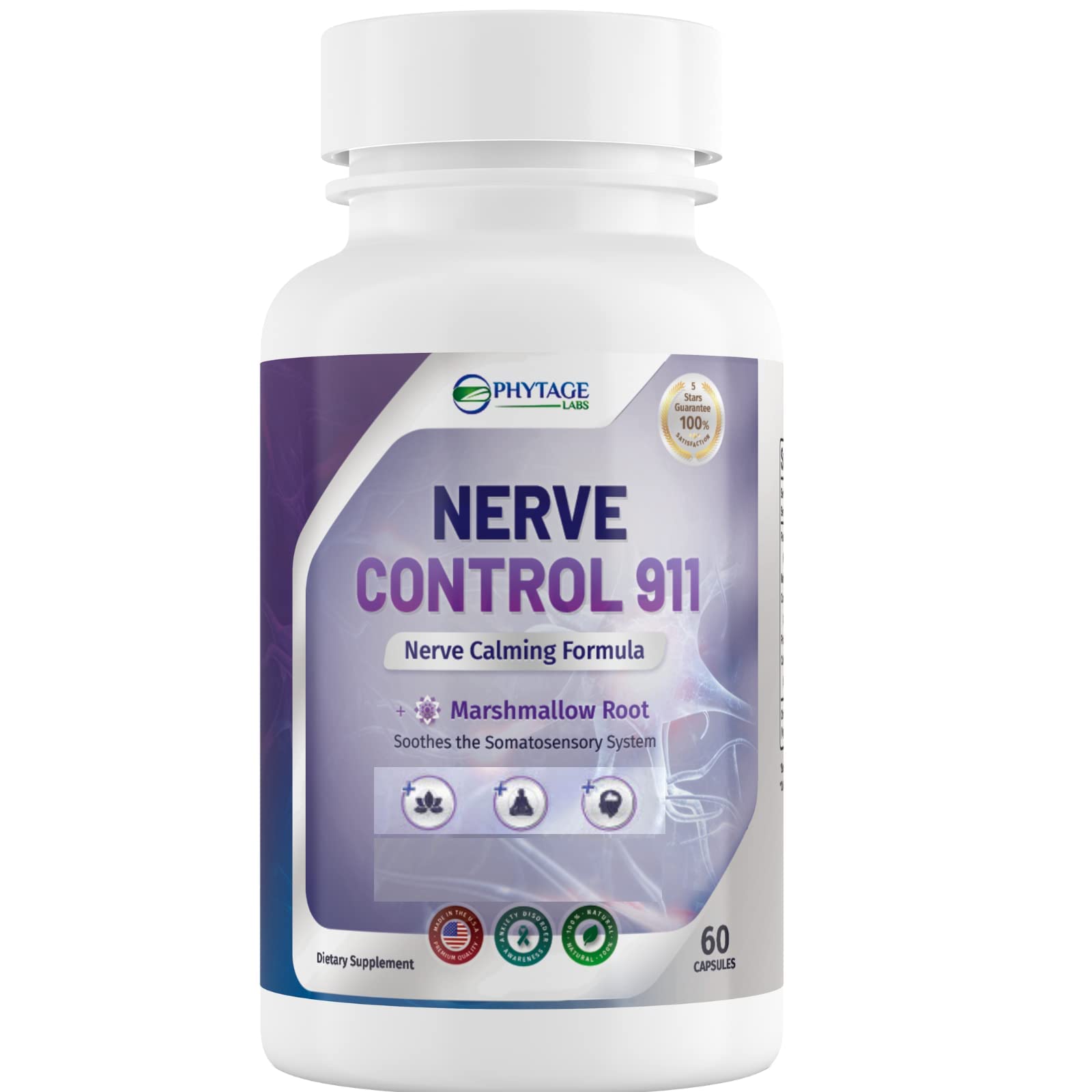 Phytage Labs Nerve Control 911, botella de cápsulas, apoya la salud nerviosa diaria.