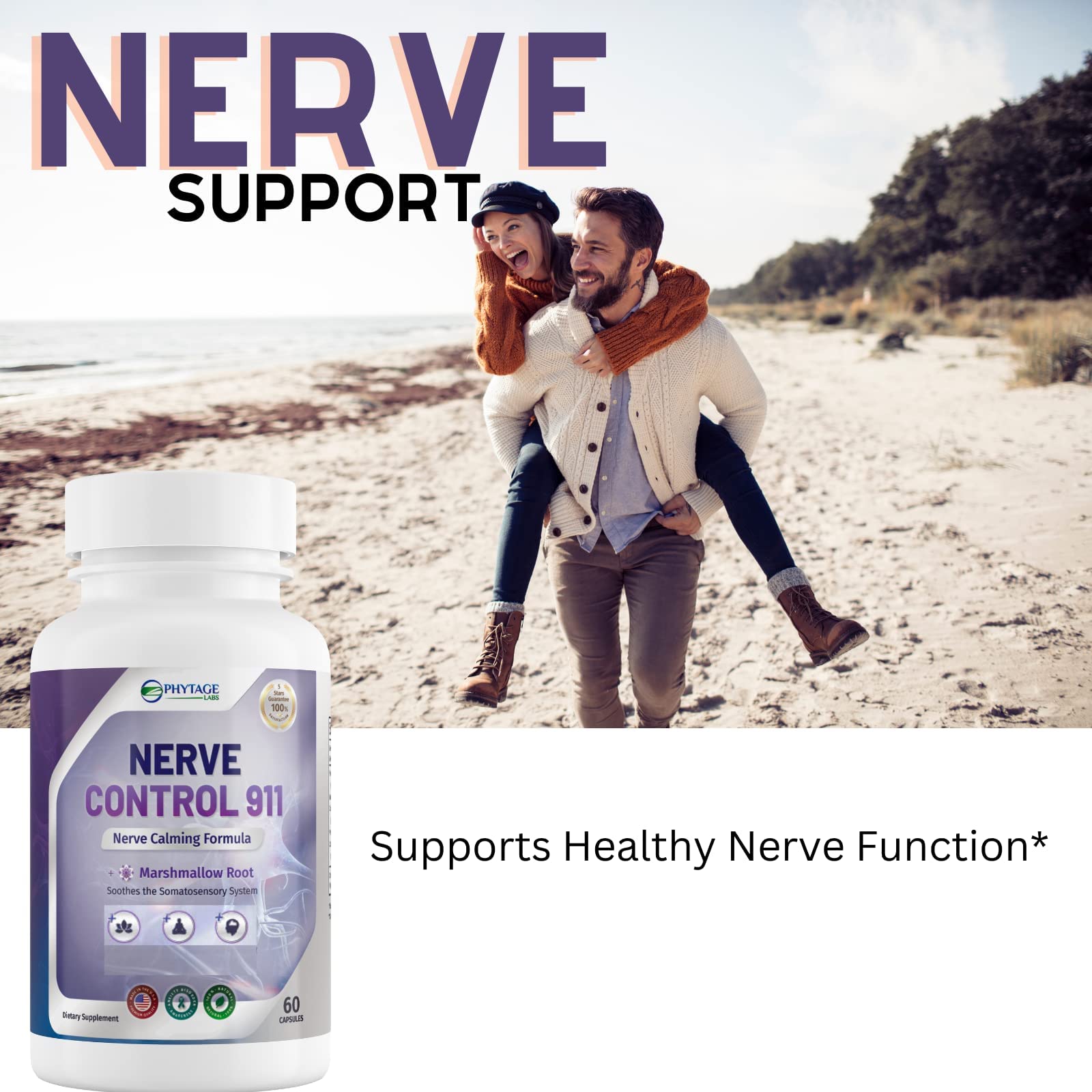 Phytage Labs Nerve Control 911, raíz de malvavisco visible, apoyo suave al sistema nervioso.