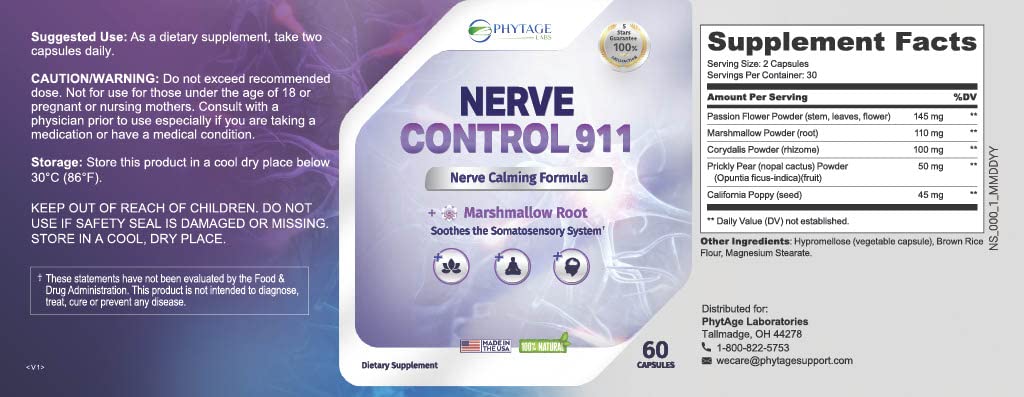 Phytage Labs Nerve Control 911, silueta de cápsulas, opción para rutina diaria de bienestar.