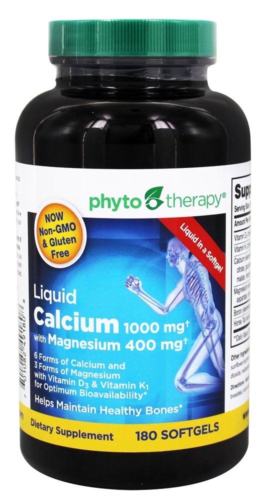 Phyto-Therapy calcio liquido capsula-blanda en botella para apoyo diario de huesos.