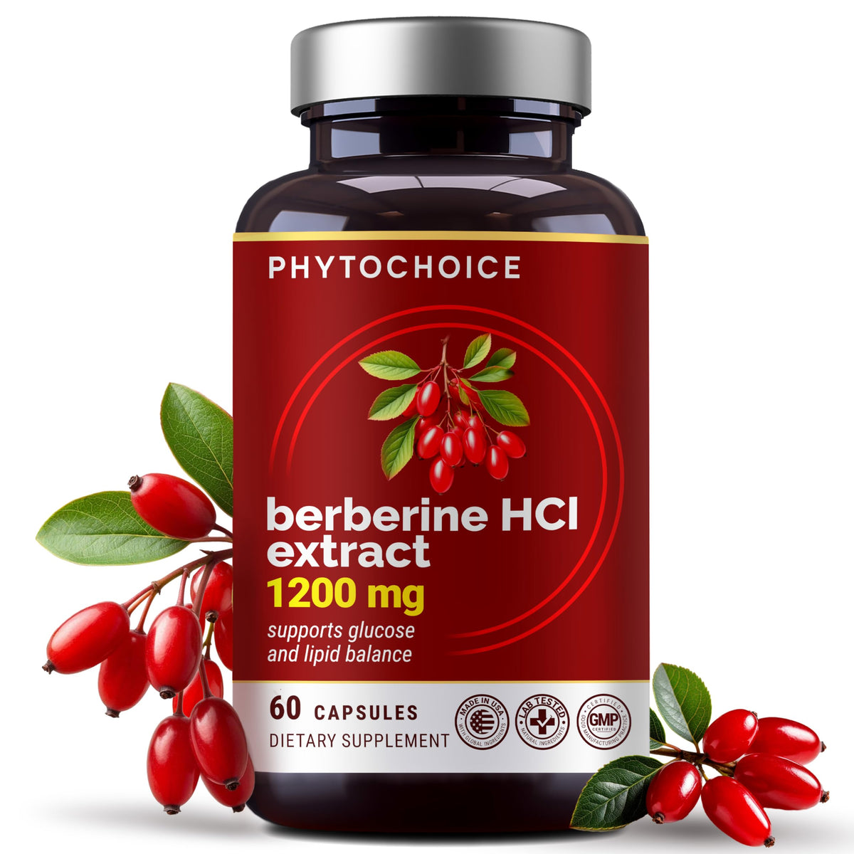 PHYTOCHOICE Berberina HCl 1200 mg en botella, apoyo potencial al metabolismo.