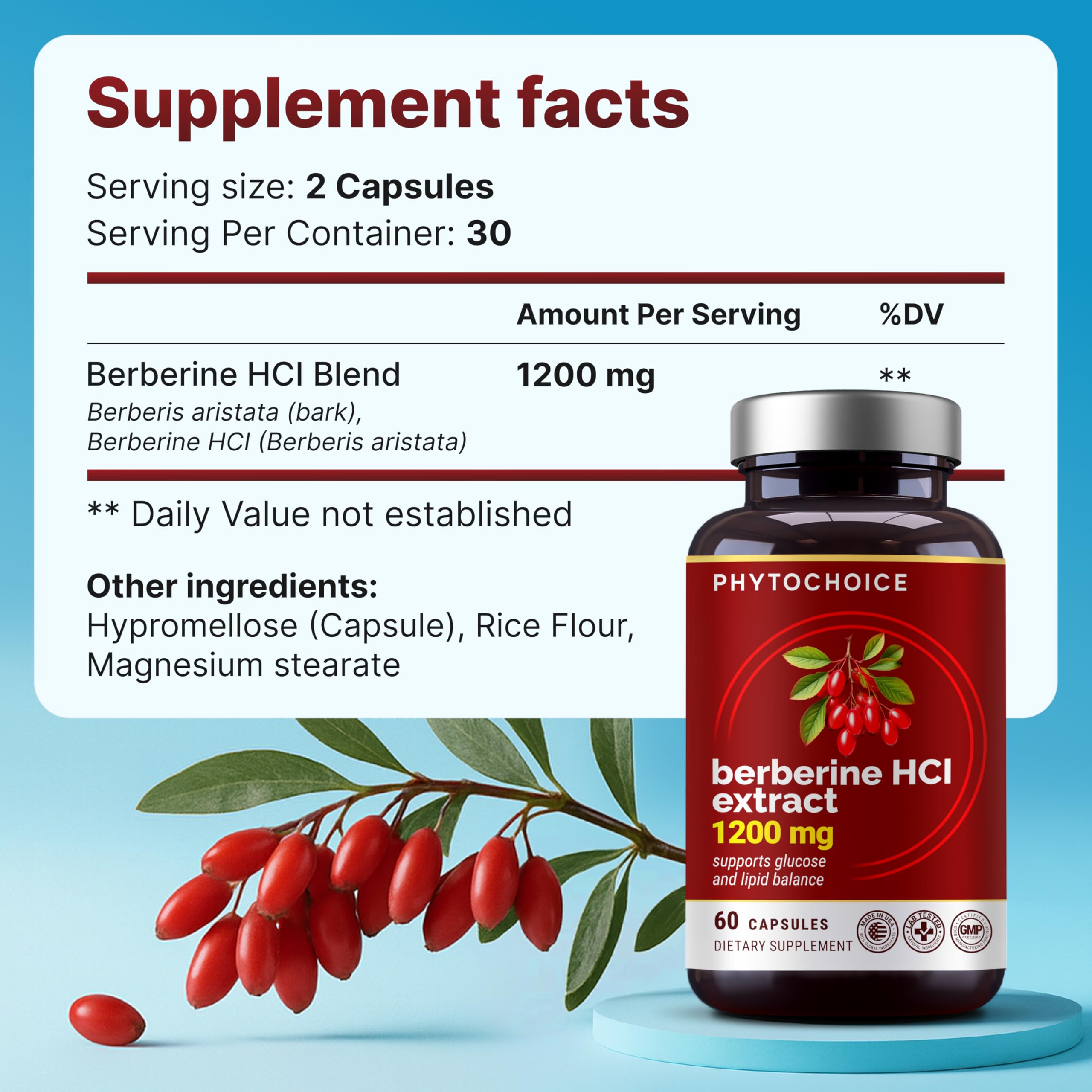 Etiqueta del producto PHYTOCHOICE Berberina HCl 1200 mg con información clara.