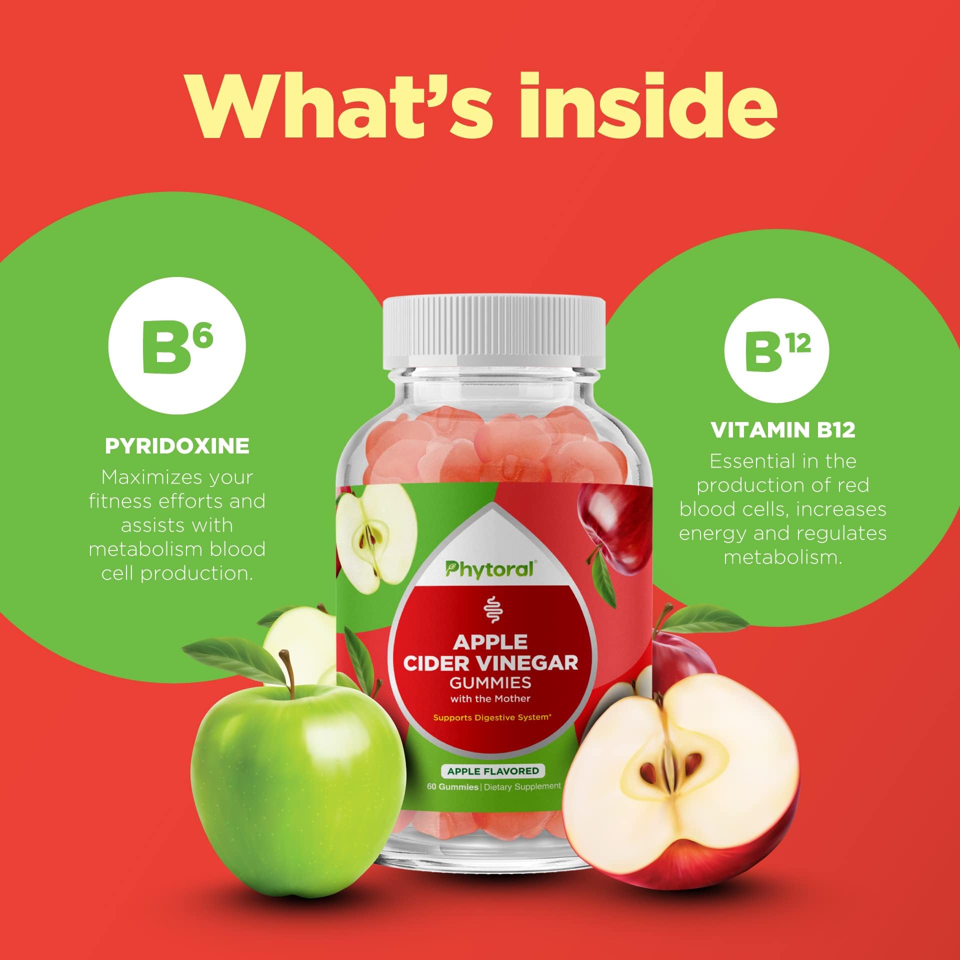 Phytoral gomitas vinagre de manzana madre, fórmula con vitaminas B12 y B6 para energía.
