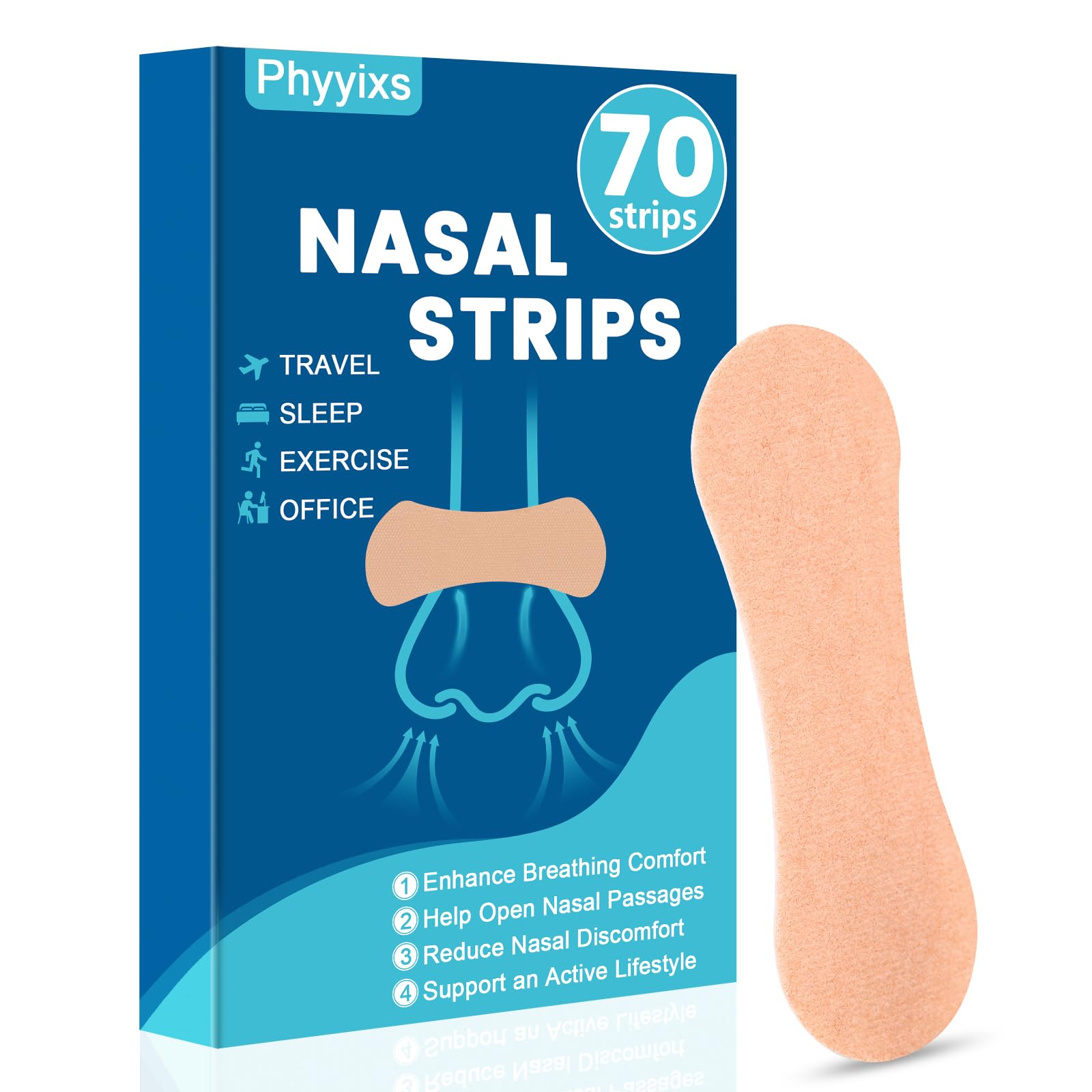Phyyixs Nasal Strips: aplicación en la nariz para una respiración más fluida.